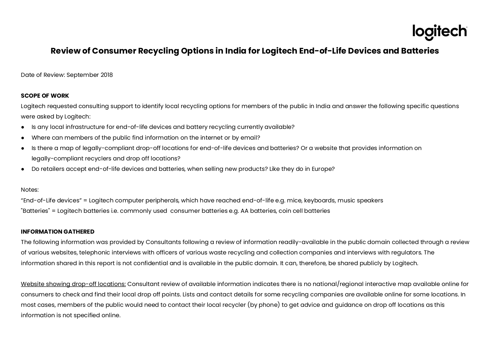 Logitech Review of Consumer Recycling Options in India for Logitech End-of-Life Devices and Batteries User Manual