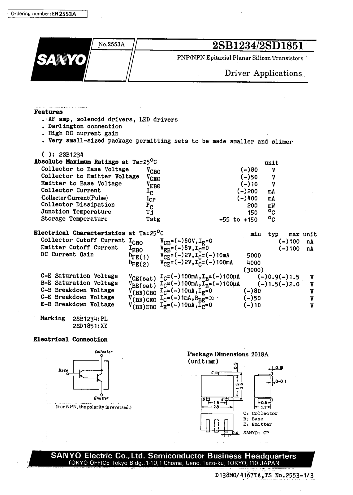 SANYO 2SD1851, 2SB1234 Datasheet