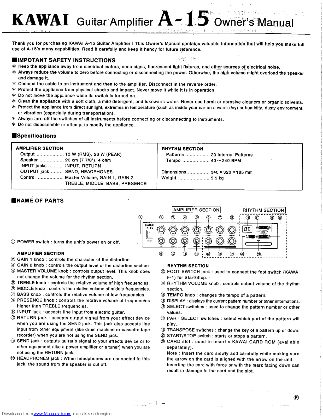 Kawai Guitar Amplifier A-15 Owner's Manual