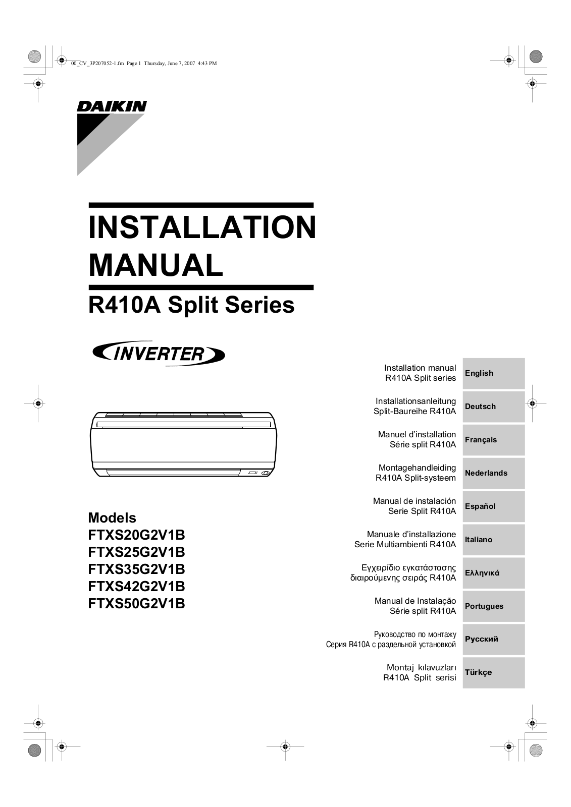 Daikin FTXS20G2V1B, FTXS25G2V1B, FTXS35G2V1B, FTXS42G2V1B, FTXS50G2V1B Installation manuals