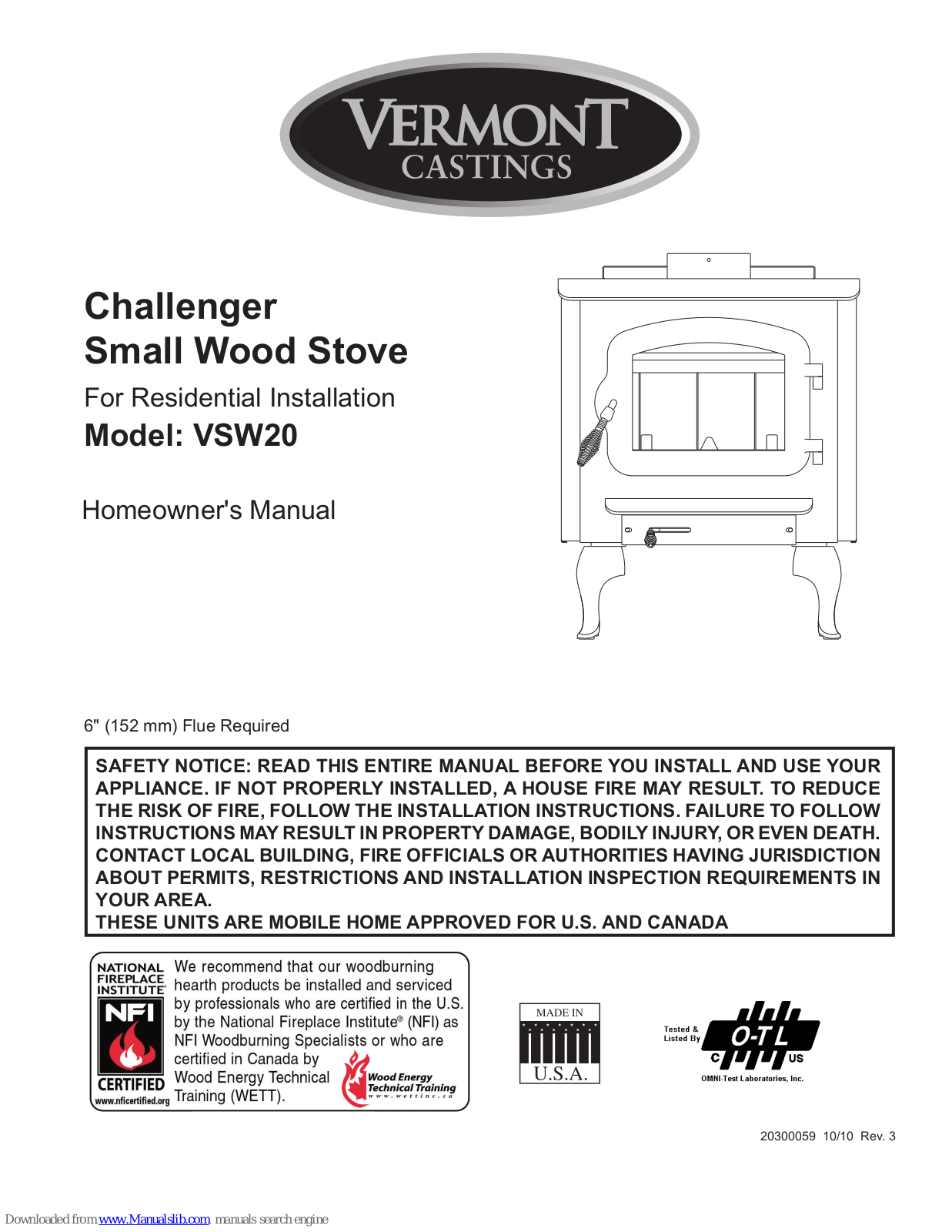 Vermont Castings Challenger VSW20 Homeowner's Manual