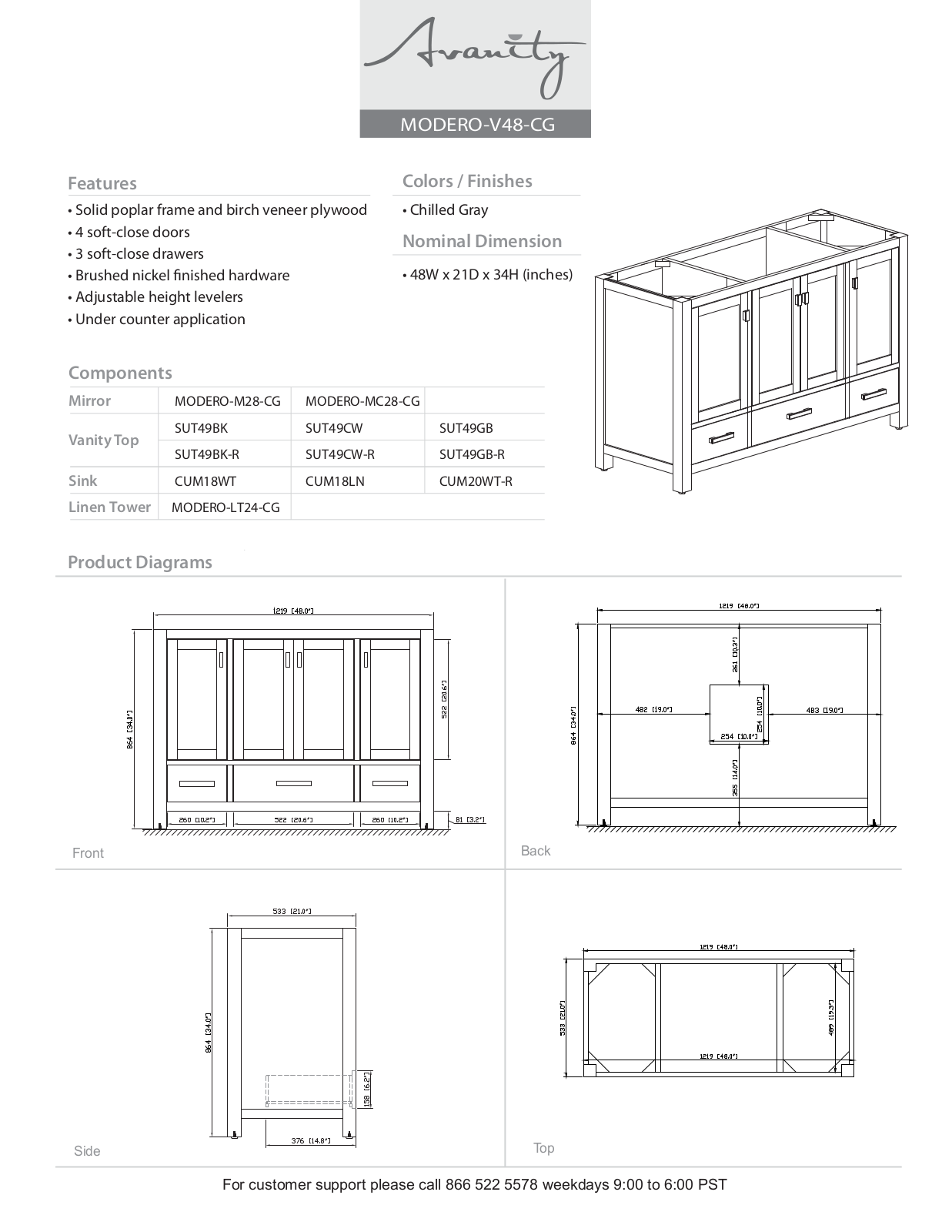 Avanity MODEROV48CG, MODEROVS48CGB, MODEROVS48CGA, MODEROVS48CGC Specifications