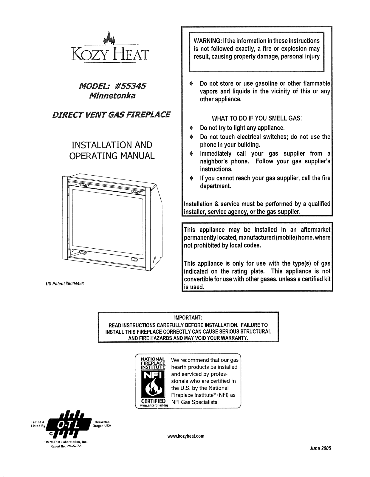 kozy heat 55345 Installation And Operating Manual