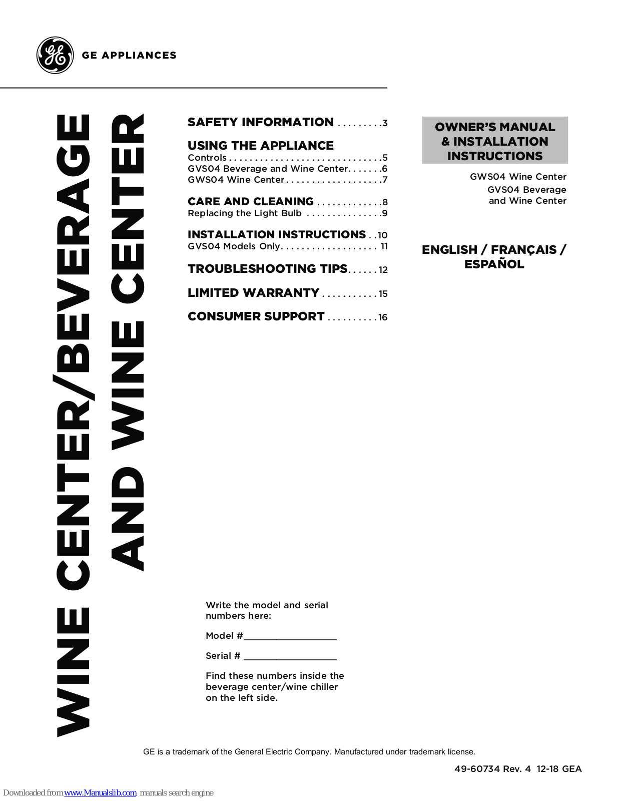 GE GWS04, GVS04 Owner's Manual & Installation Instructions