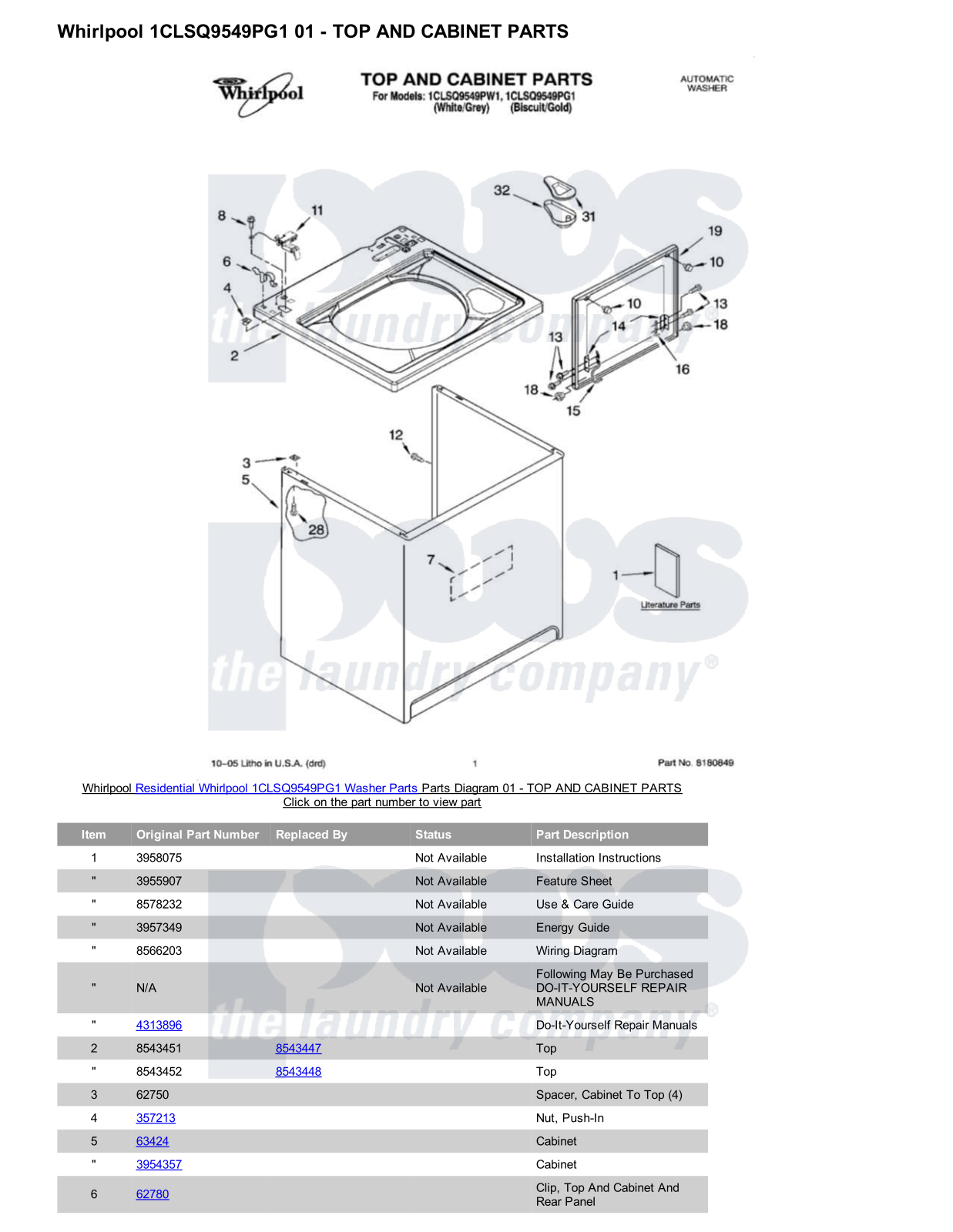 Whirlpool 1CLSQ9549PG1 Parts Diagram