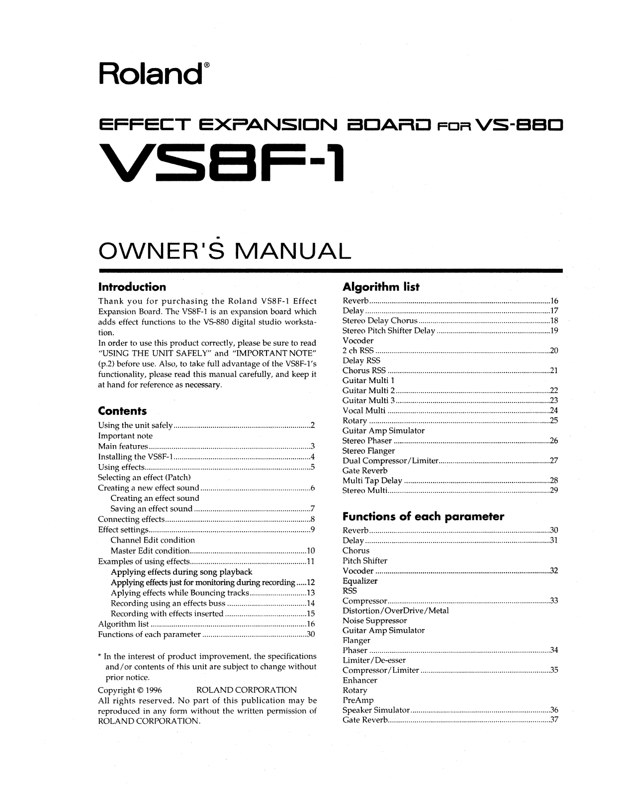 Roland Corporation VS8F-1 Owner's Manual