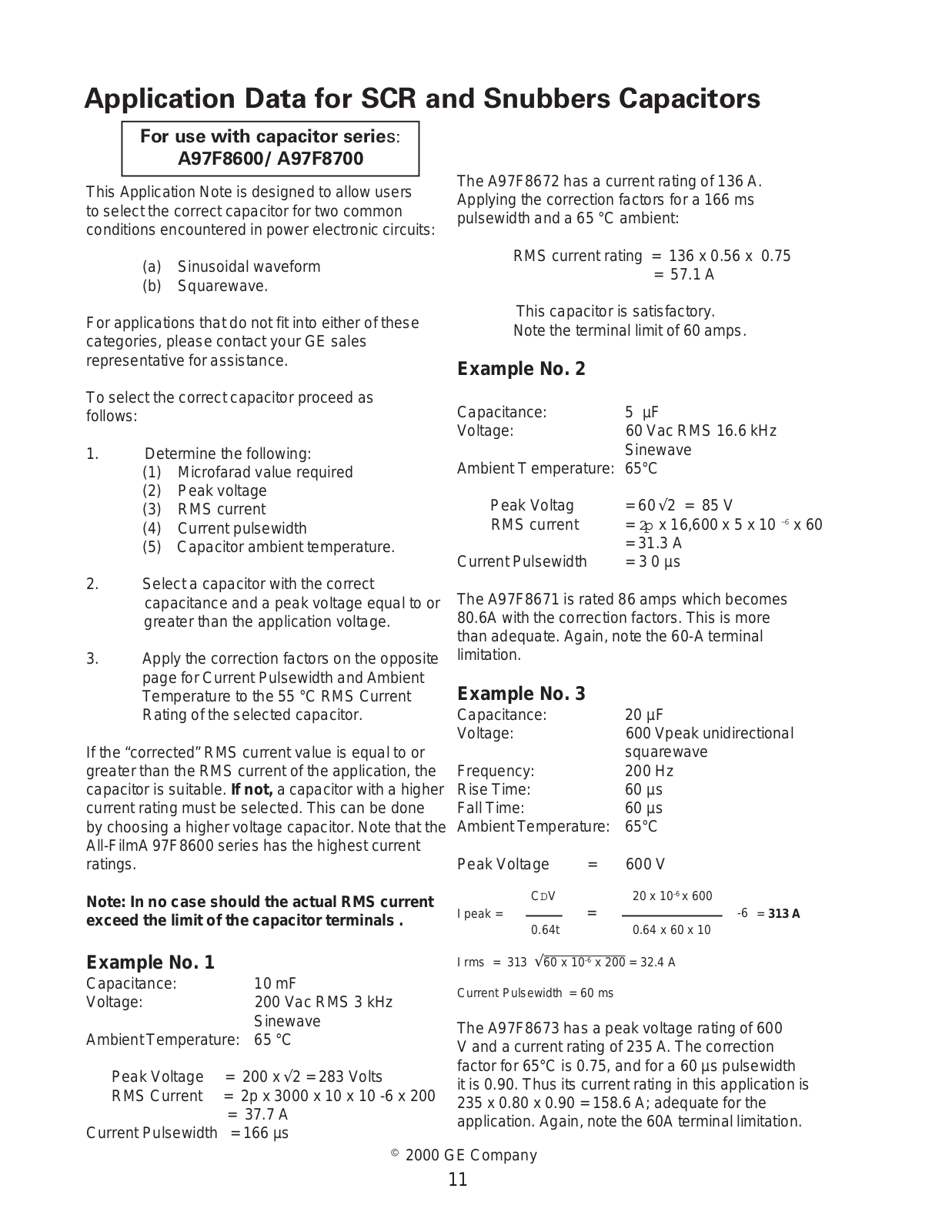 GE Capacitor A97F8600 Series, A97F8700 Series Application Note