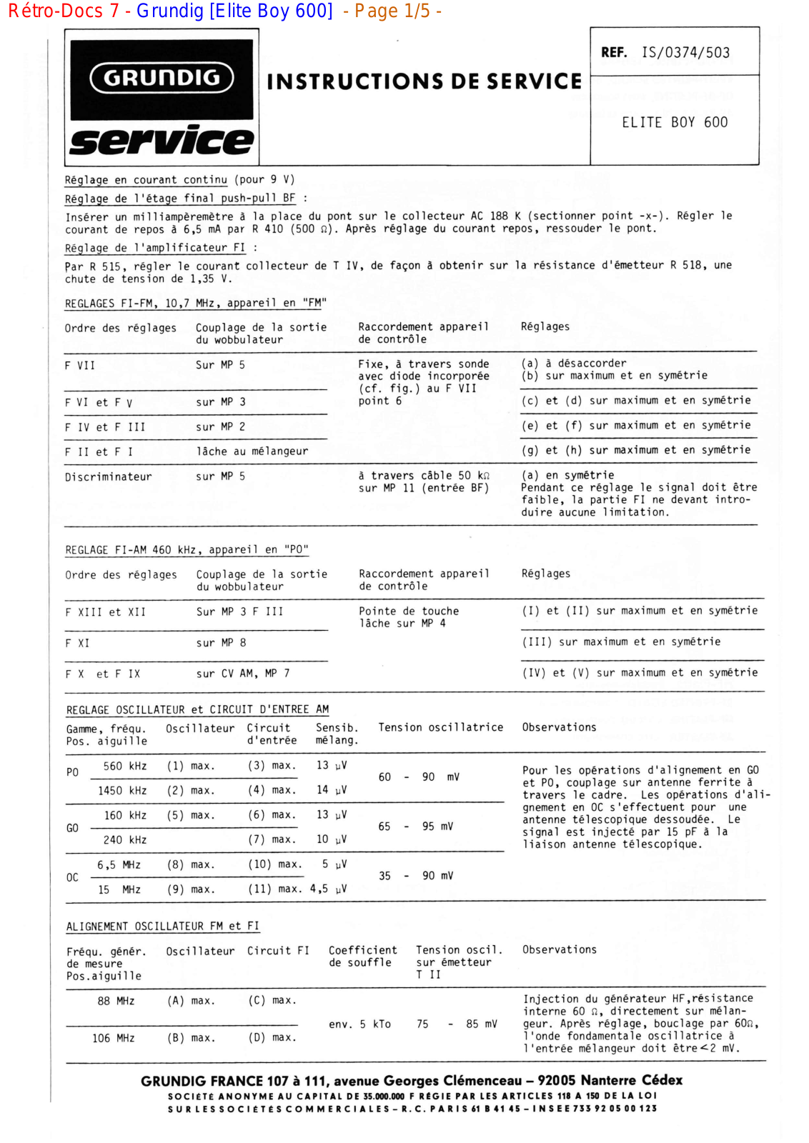 Grundig ELITE-BOY-600 Service Manual