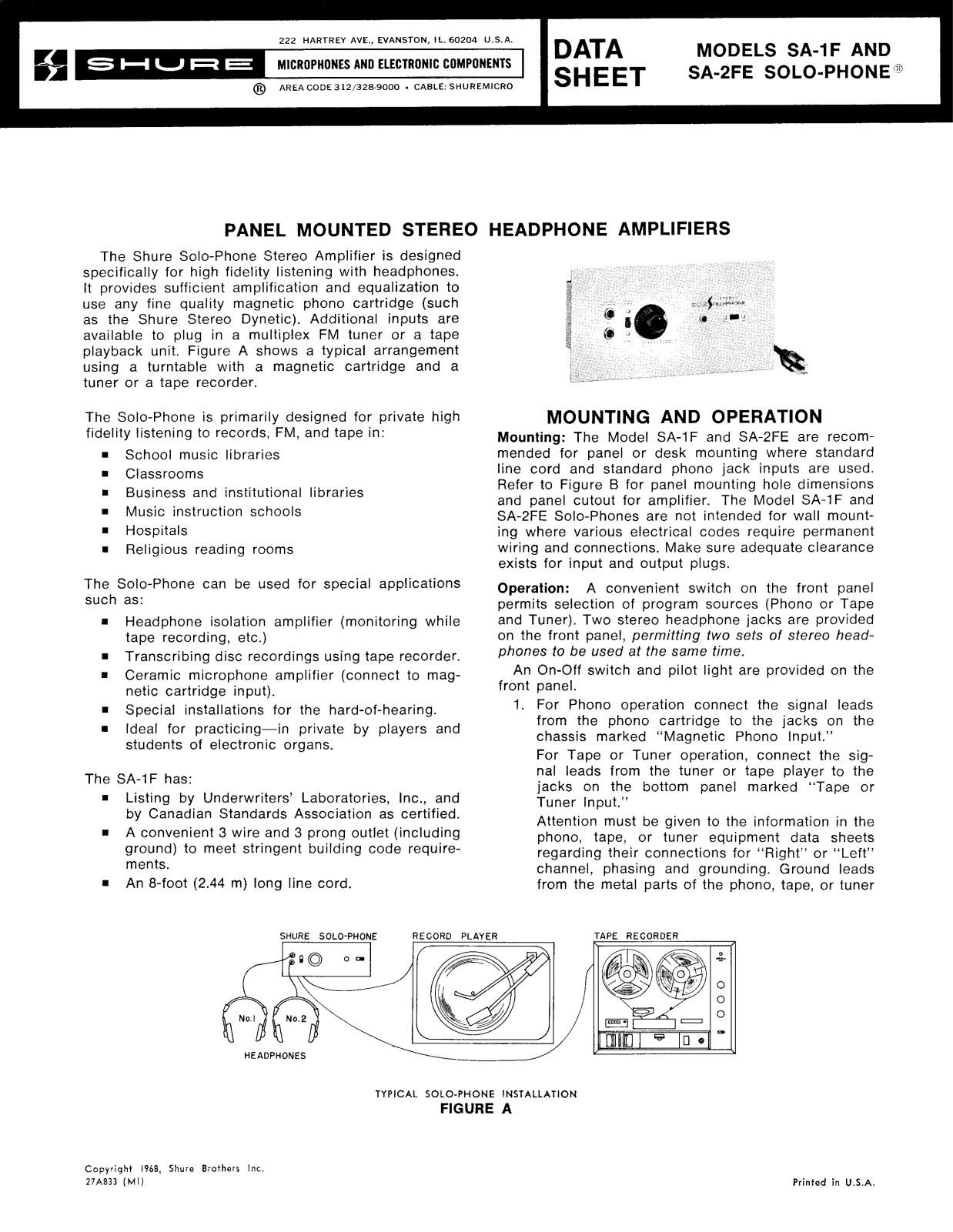 Shure SA-2FE, SA-1F User Guide - ManualMachine.com