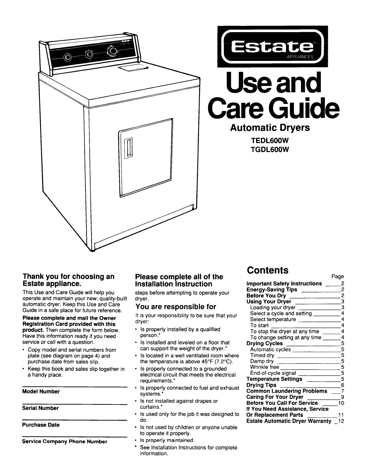 Whirlpool TEDL600W, TGDL600W User Manual - ManualMachine.com