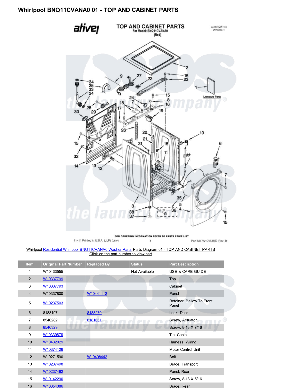 Whirlpool BNQ11CVANA0 Parts Diagram