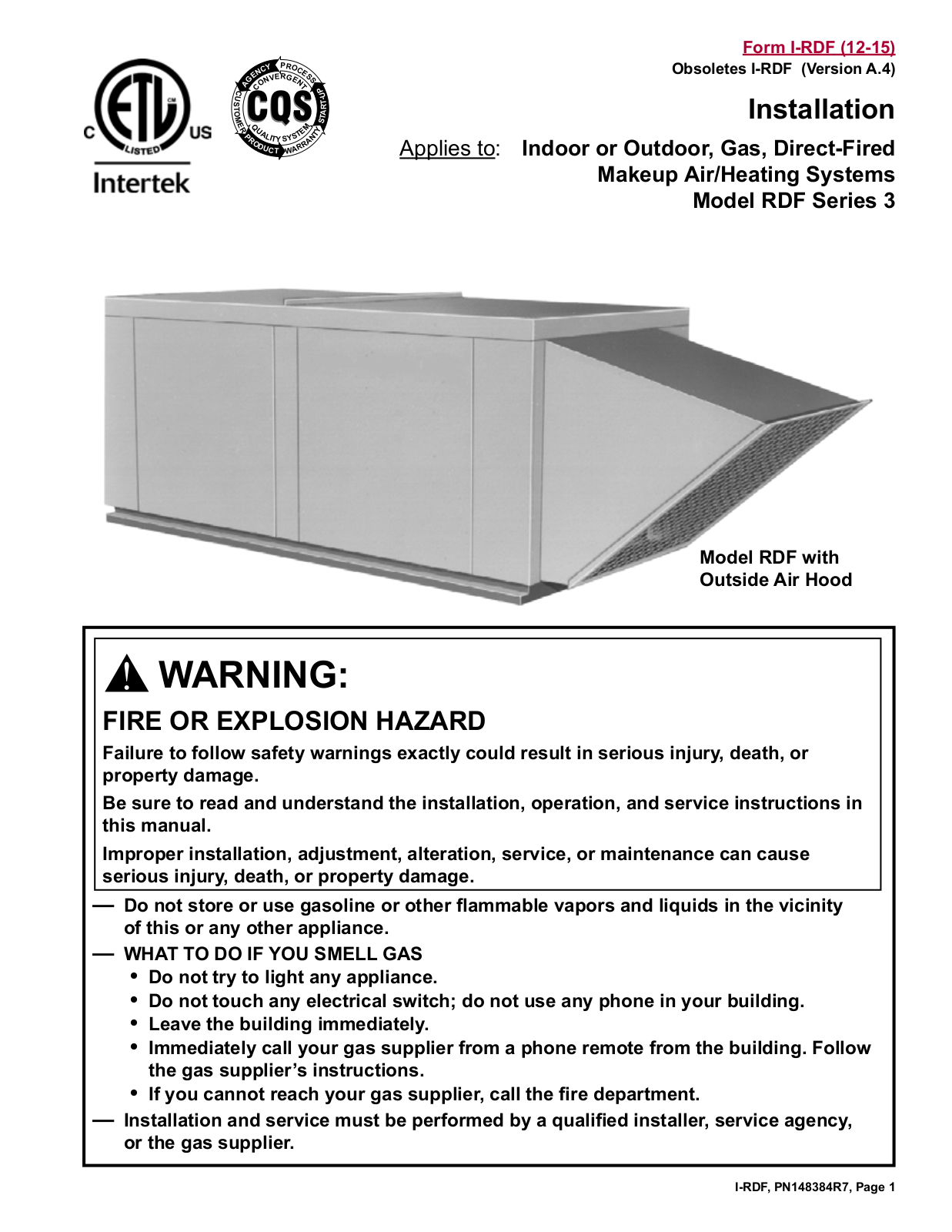 Reznor RDF-1-20-3 Installation  Manual