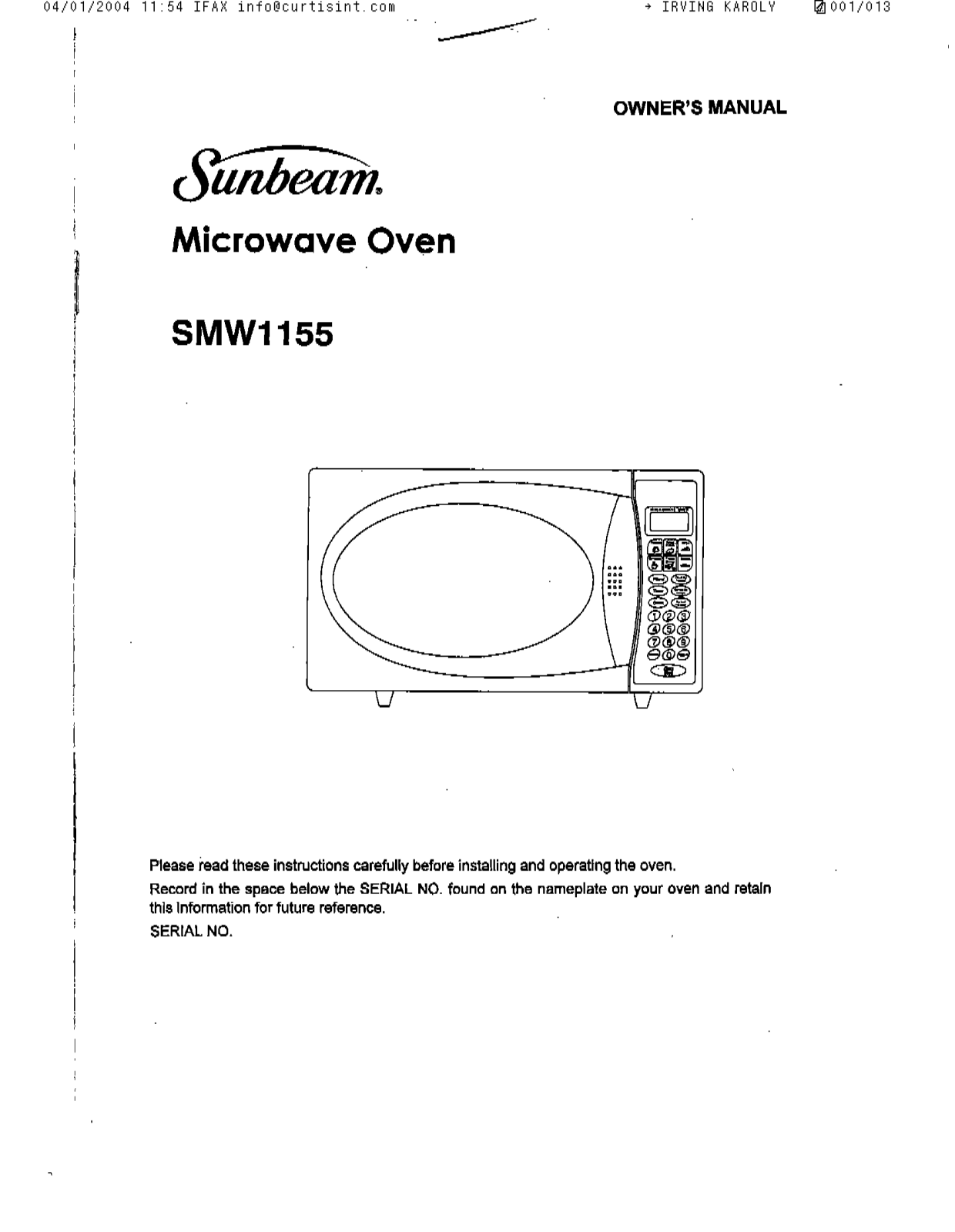 Sunbeam SMW1155 Owner's Manual