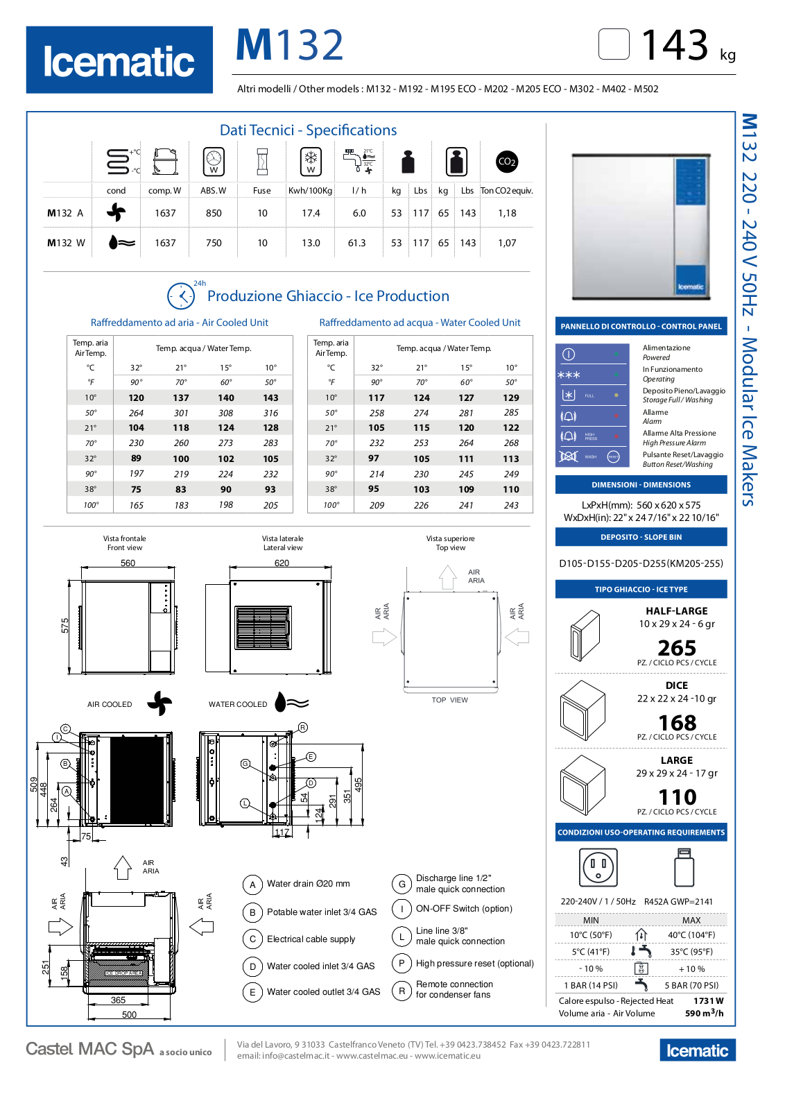 Icematic M132 A, M132 W, M192 A, M192 W, M202 A Datasheet