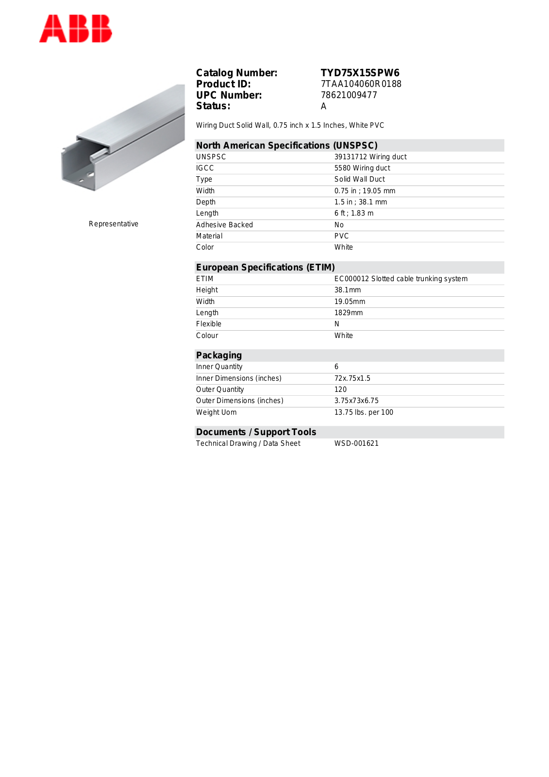 Thomas & Betts TYD75X15SPW6 Data Sheet