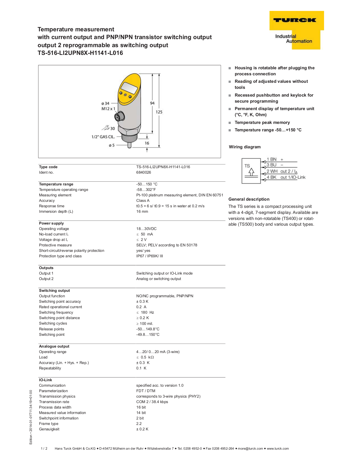 Turck TS-516-LI2UPN8X-H1141L016 Data Sheet