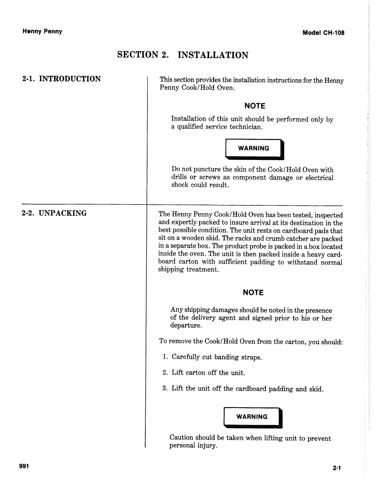 Henny Penny CH-108 Installation Manual