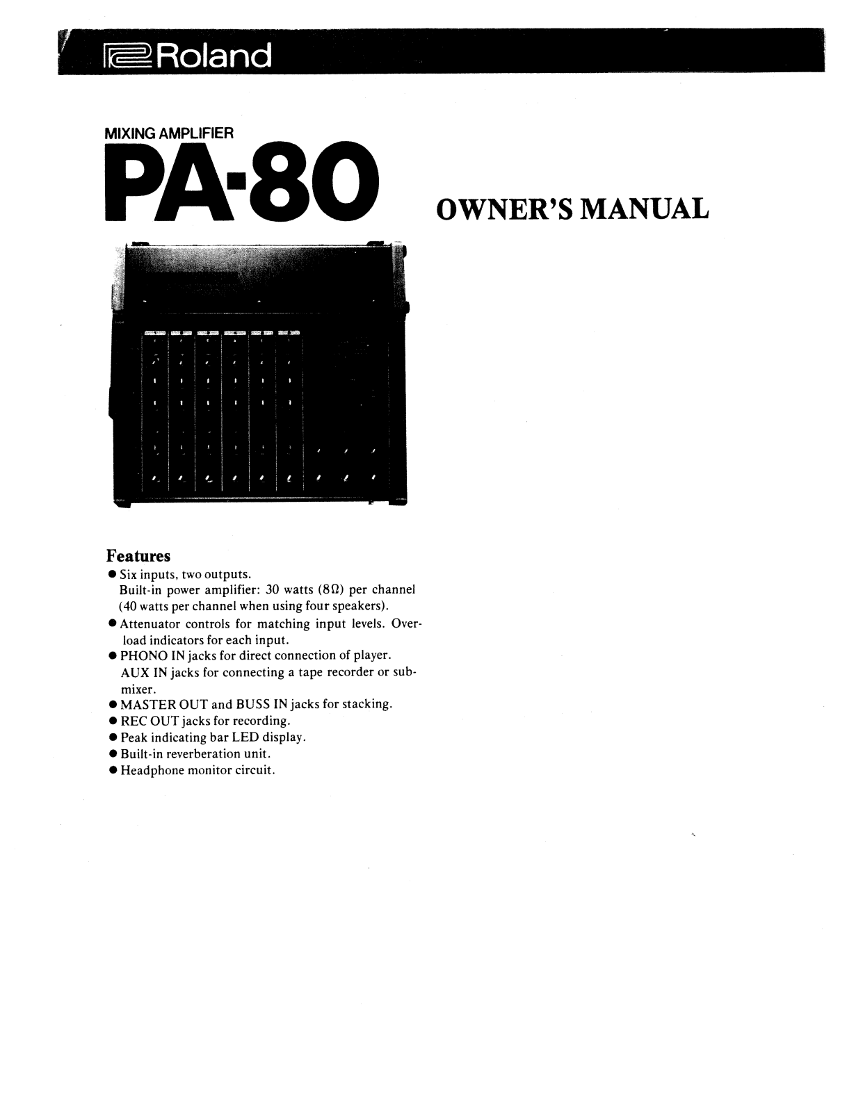 Roland Corporation PA-80 Owner's Manual