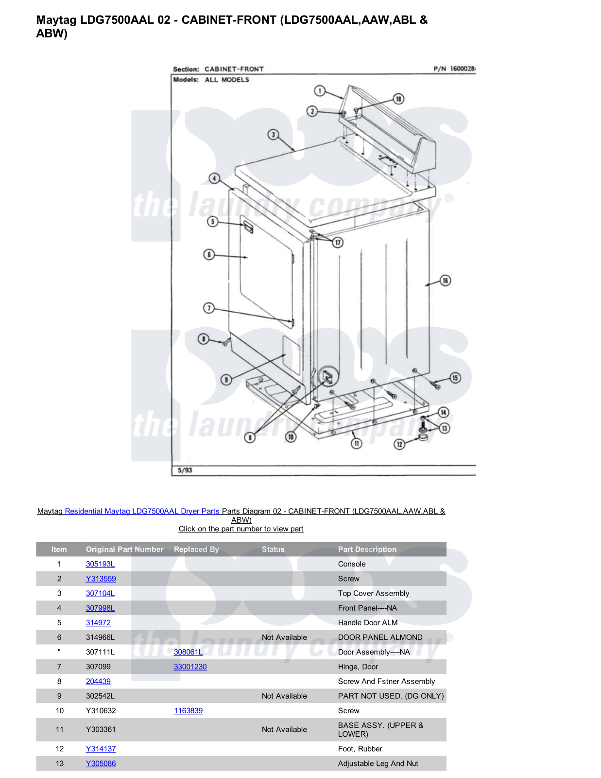 Maytag LDG7500AAL Parts Diagram