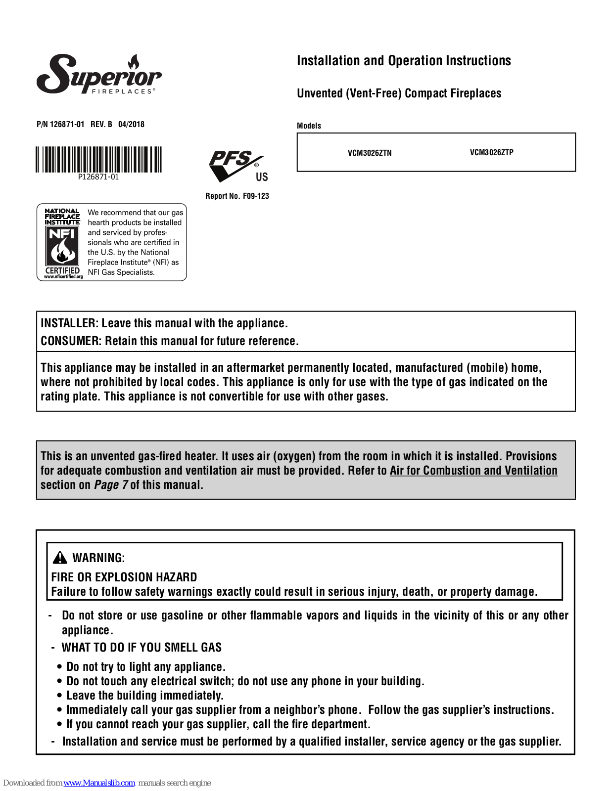 Superior VCM3026ZTN, VCM3026ZTP Installation And Operation Instructions Manual