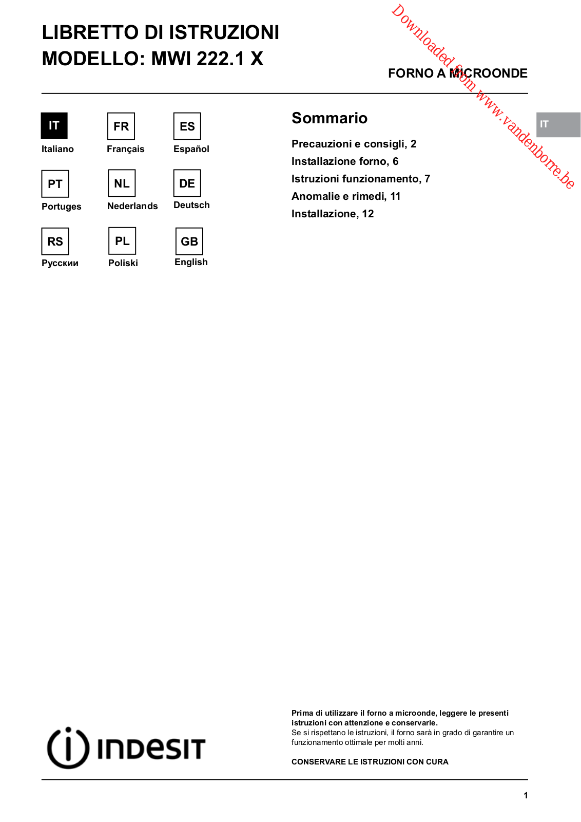 INDESIT MWI 222 IX User Manual