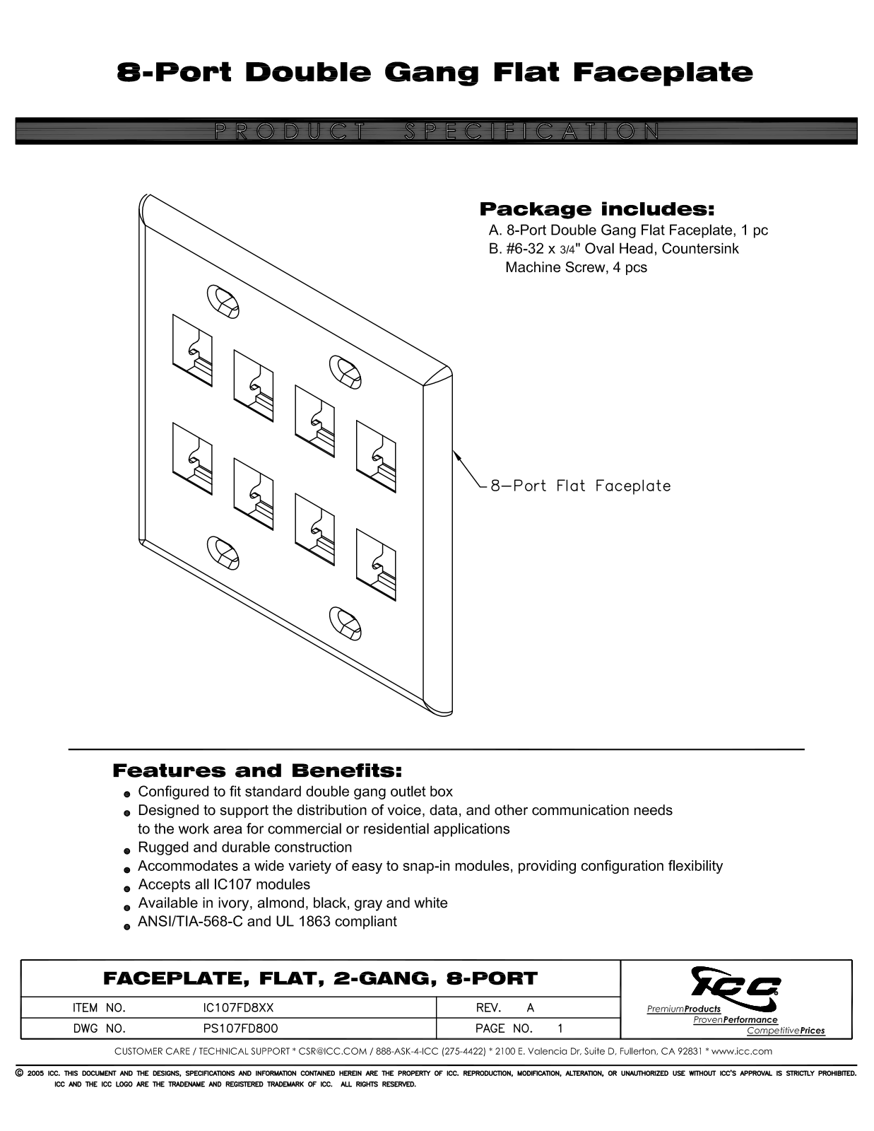 ICC IC107FD8AL, IC107FD8BK, IC107FD8GY, IC107FD8IV, IC107FD8WH Specsheet