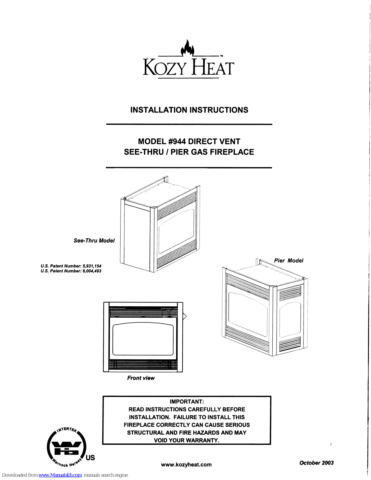 kozy heat 944 Pier Installation Instructions Manual