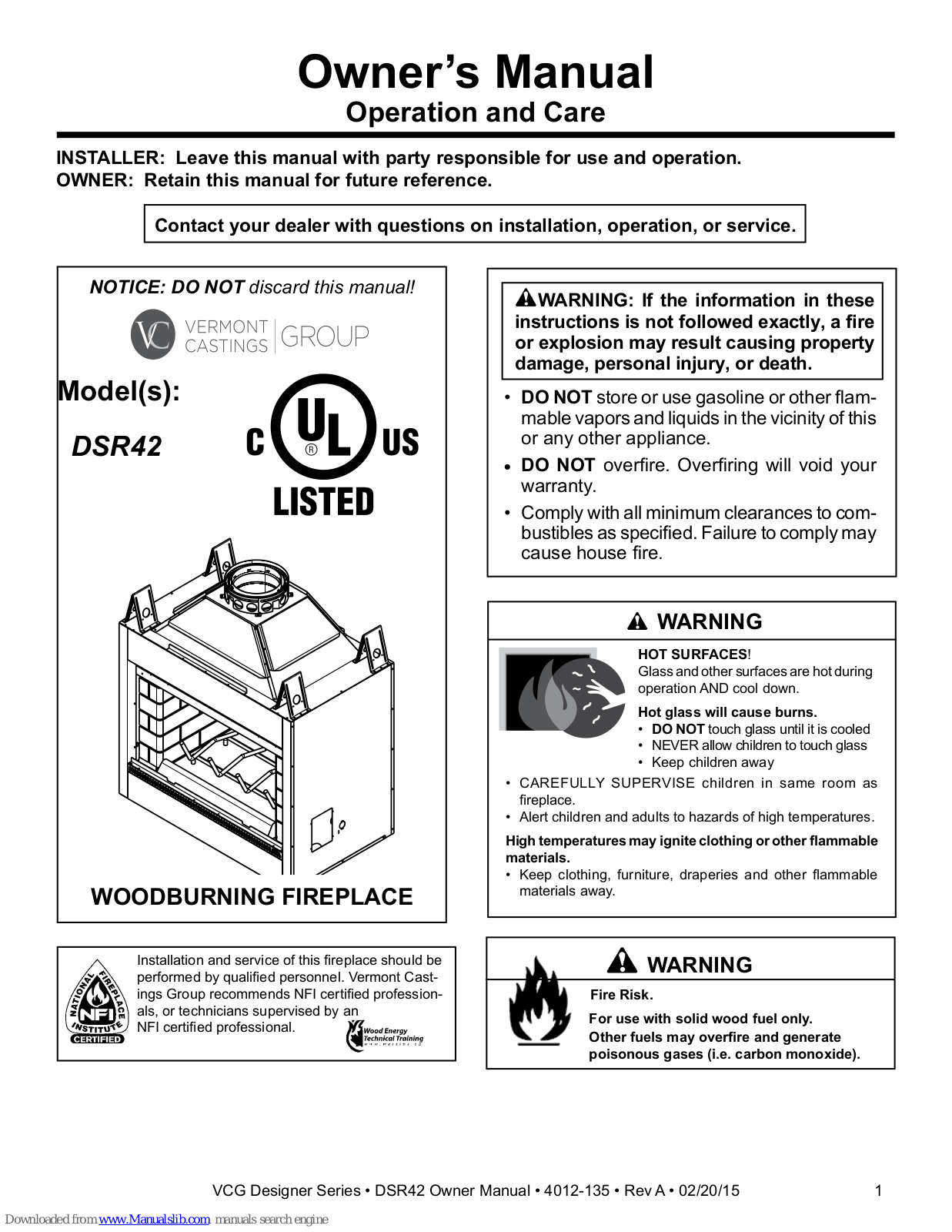 Vermont Castings DSR42 Owner's Manual