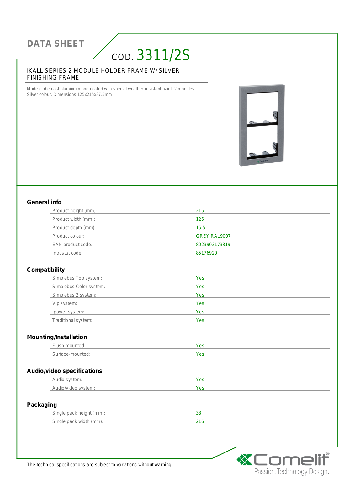 Comelit 3311-2S Specsheet - ManualMachine.com