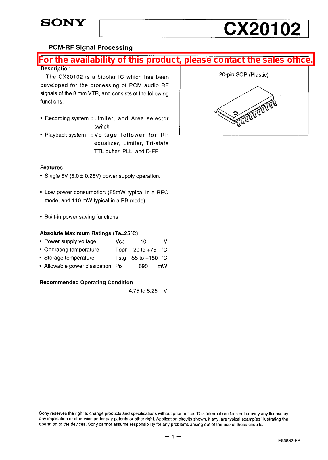 Sony CX20102 Datasheet