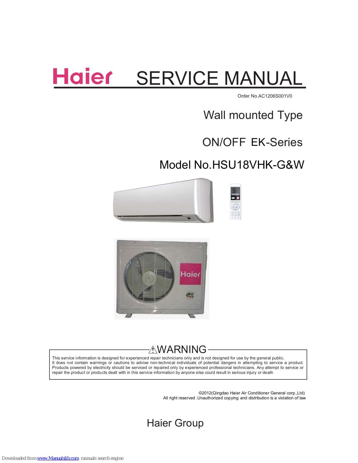 Haier HSU18VHK-G, HSU18VHK-W, HSU24VHK-G, HSU24VHK-W Service Manual