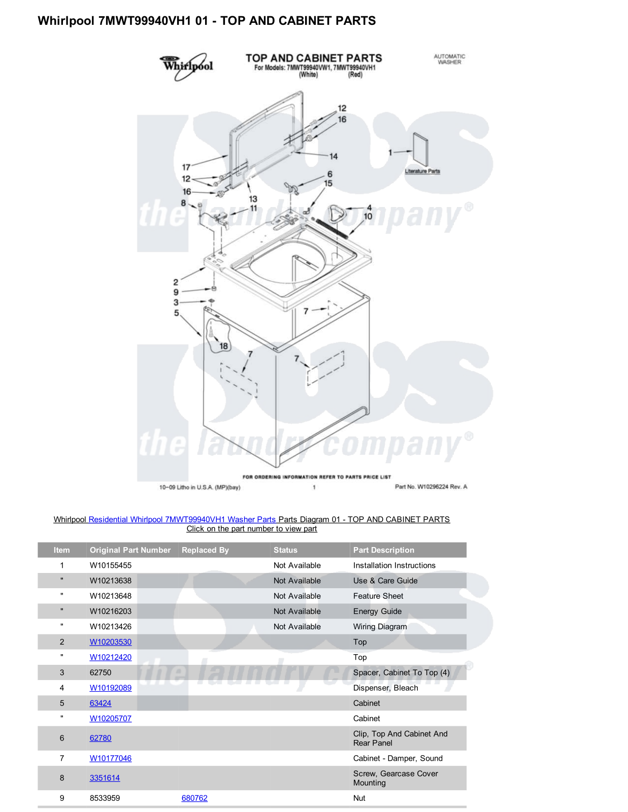 Whirlpool 7MWT99940VH1 Parts Diagram