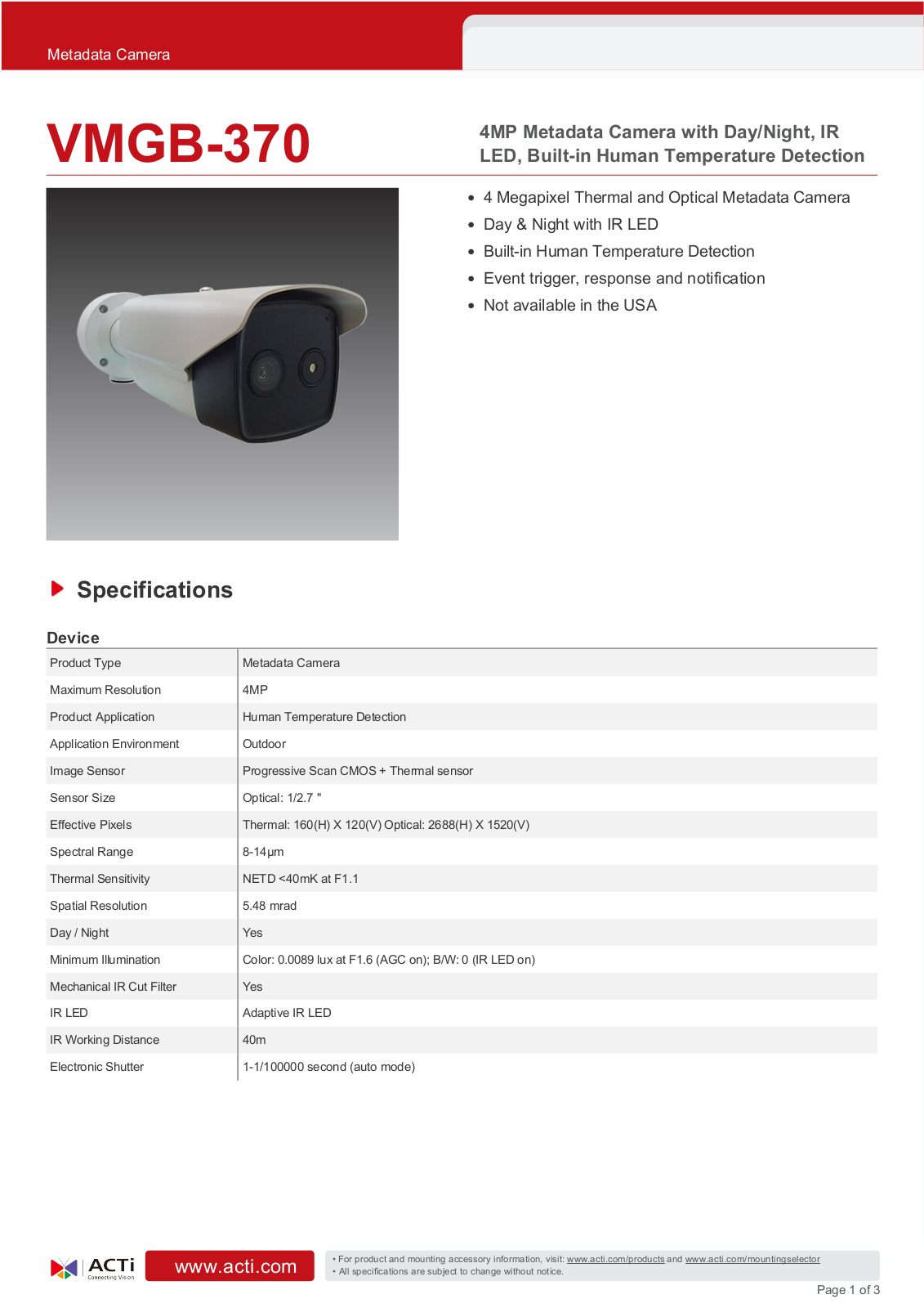 ACTi VMGB-370 Specsheet