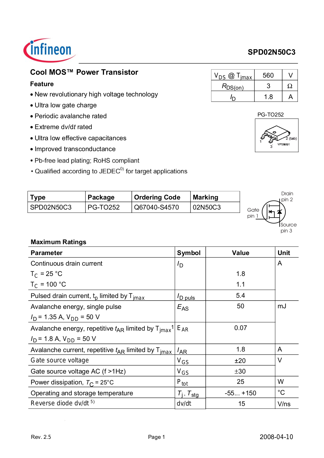 Datasheet spd02n50c3_rev.2.5 Datasheet - ManualMachine.com