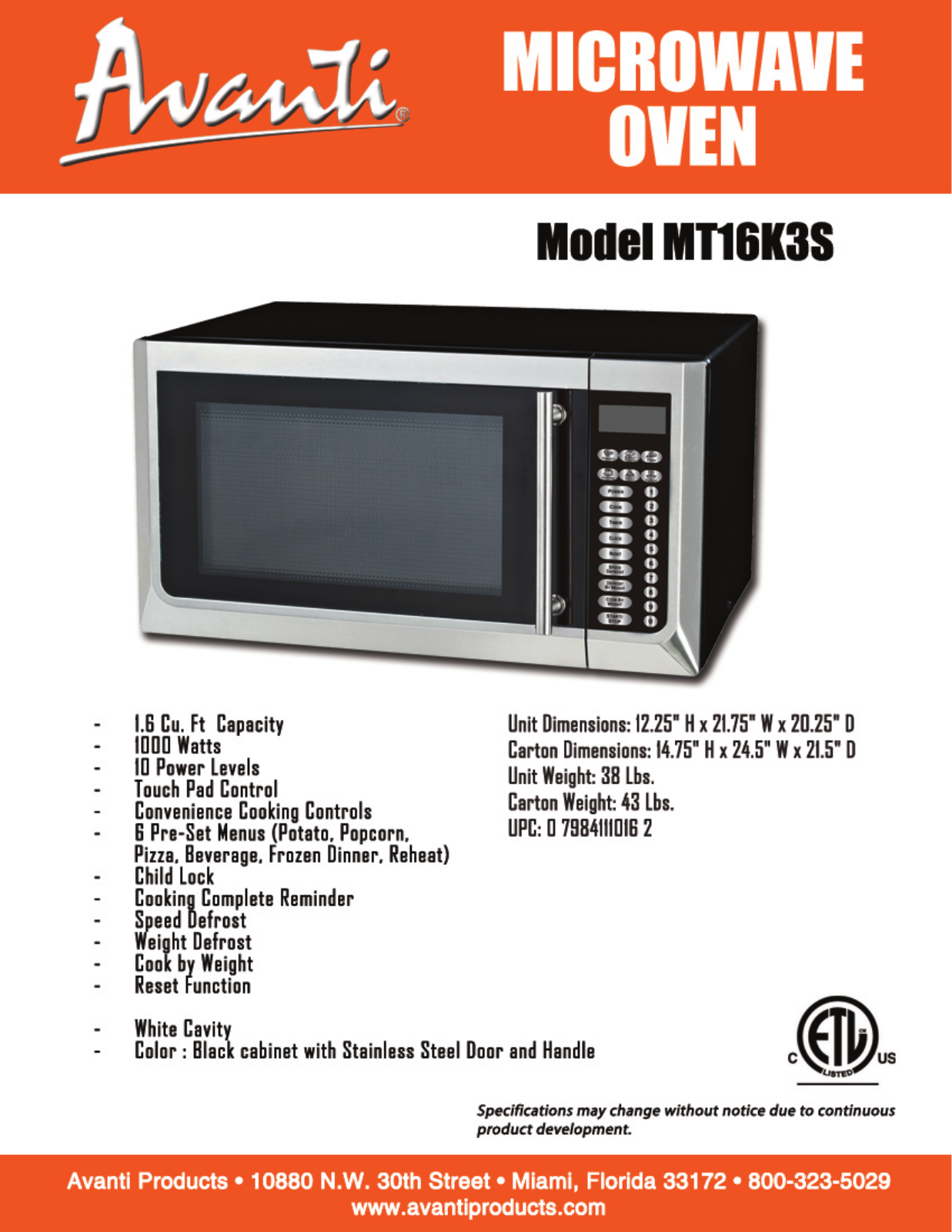 Avanti MT16K3S Specs