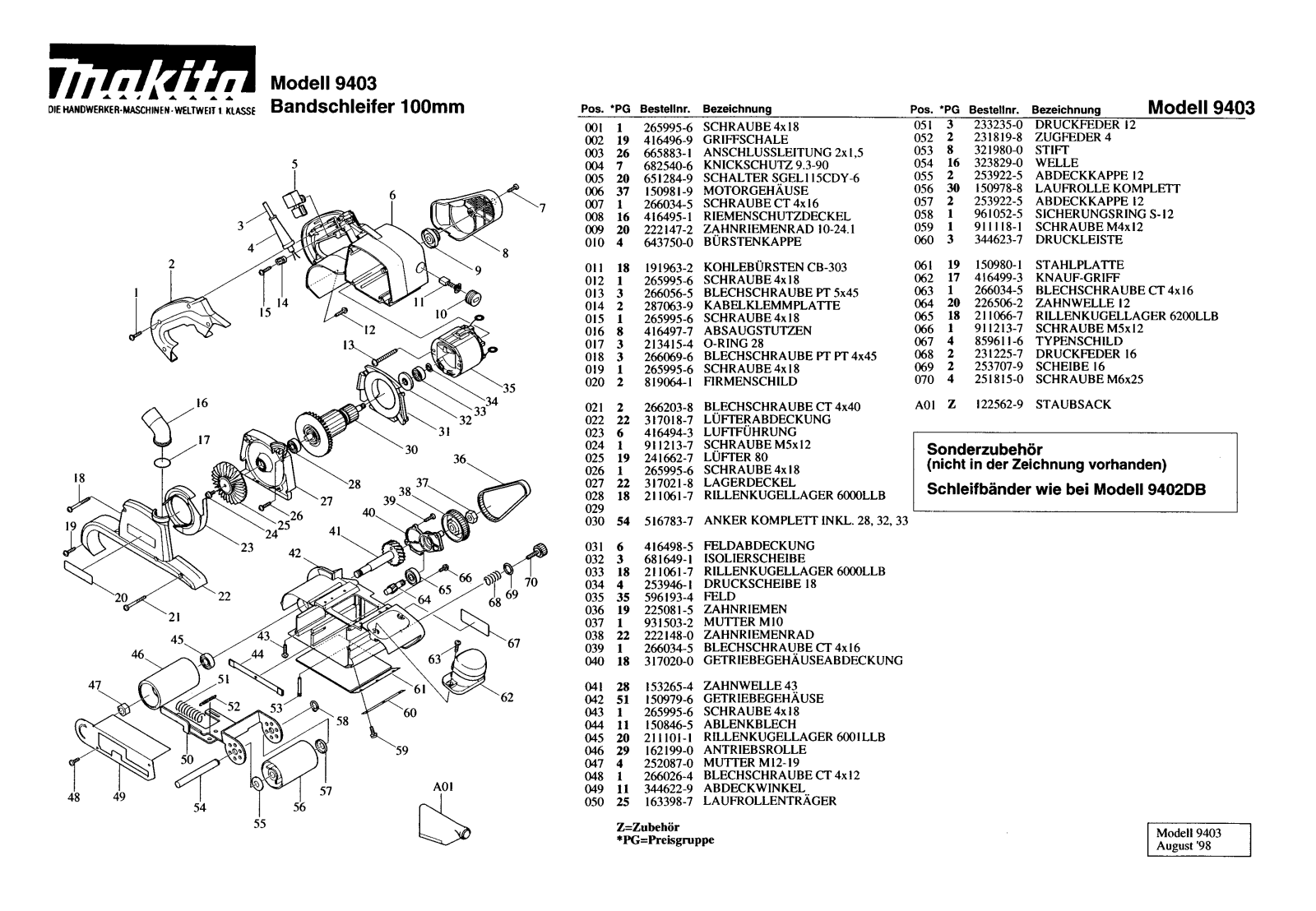 Makita 9403 REMPLACEMENT PARTS