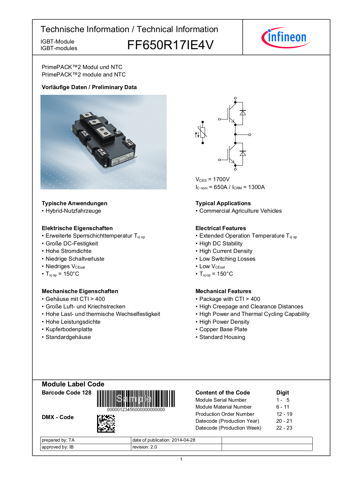 Infineon FF650R17IE4V Data Sheet