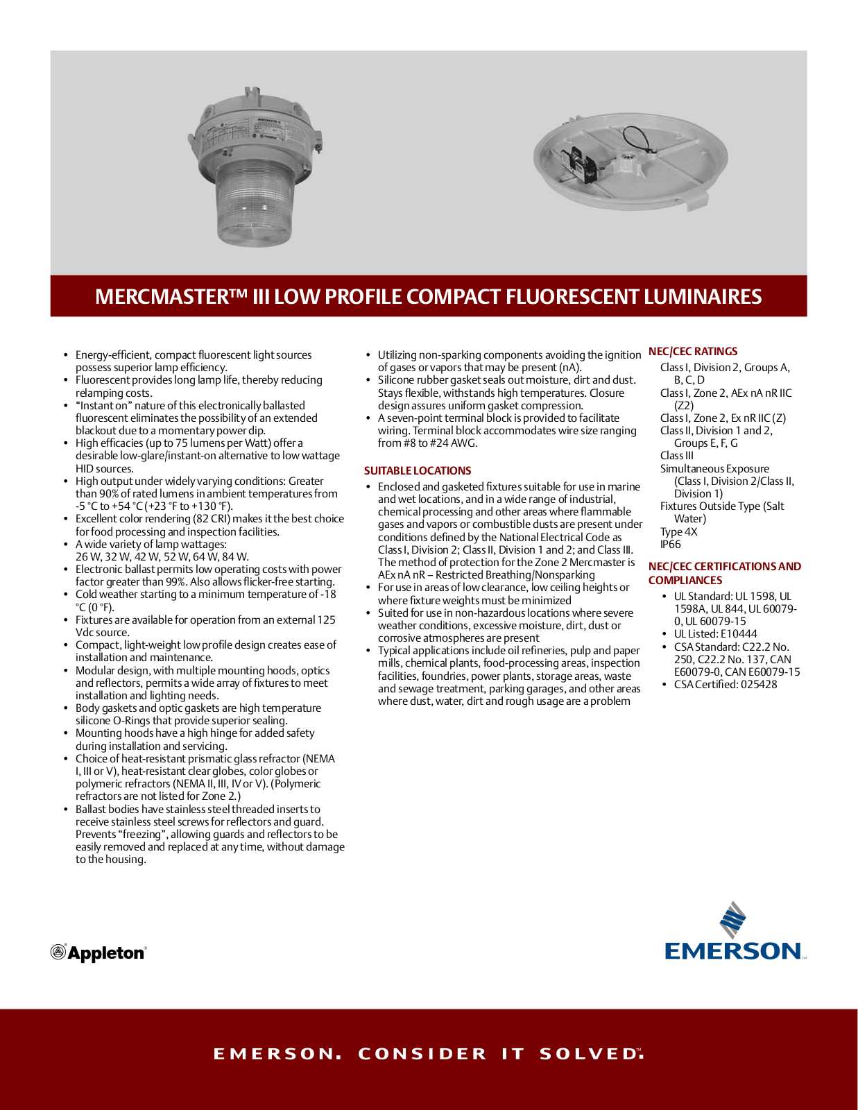 Appleton Mercmaster™ III Low Profile Compact Fluorescent Luminaires Data Sheet