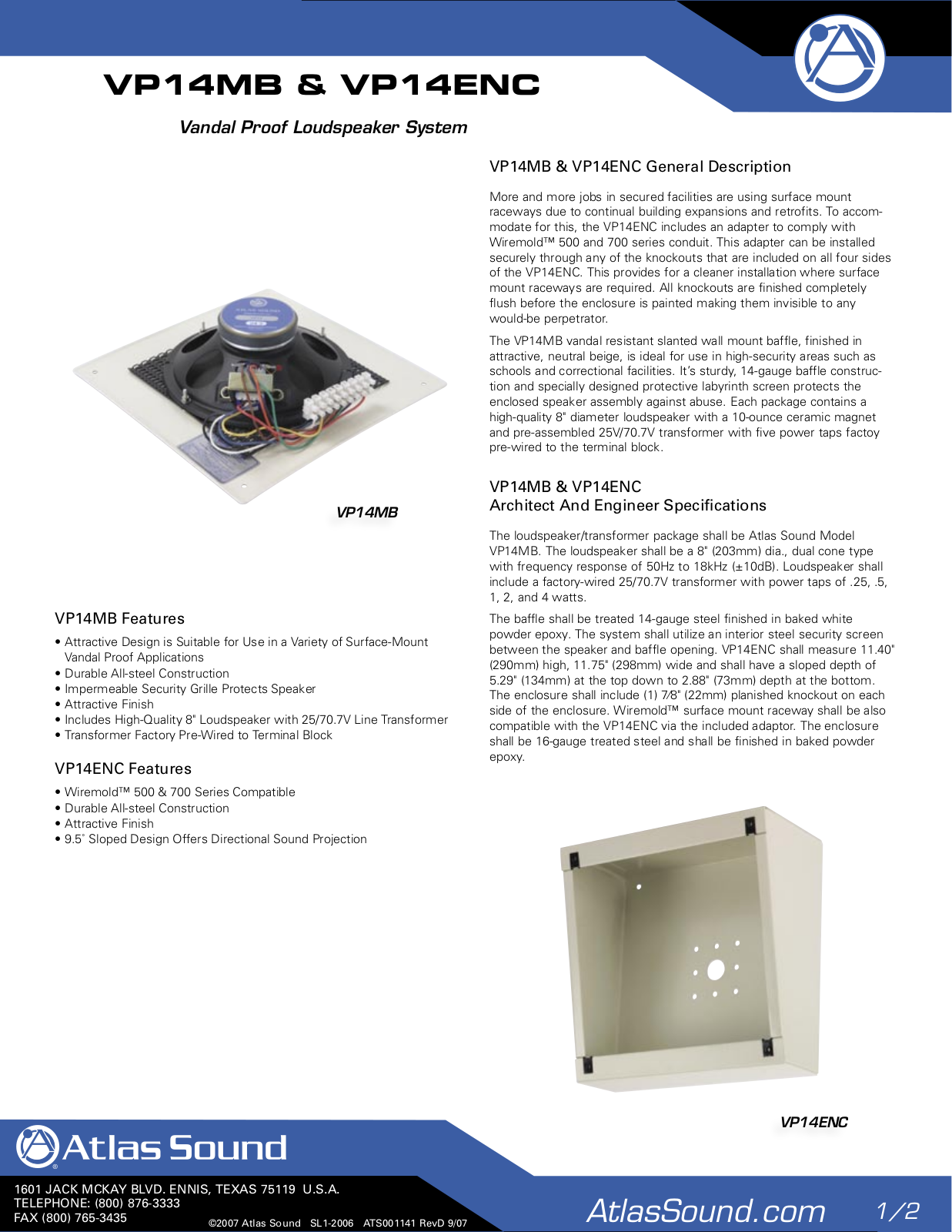 Atlas Sound VP14ENC, VP14MB User Manual