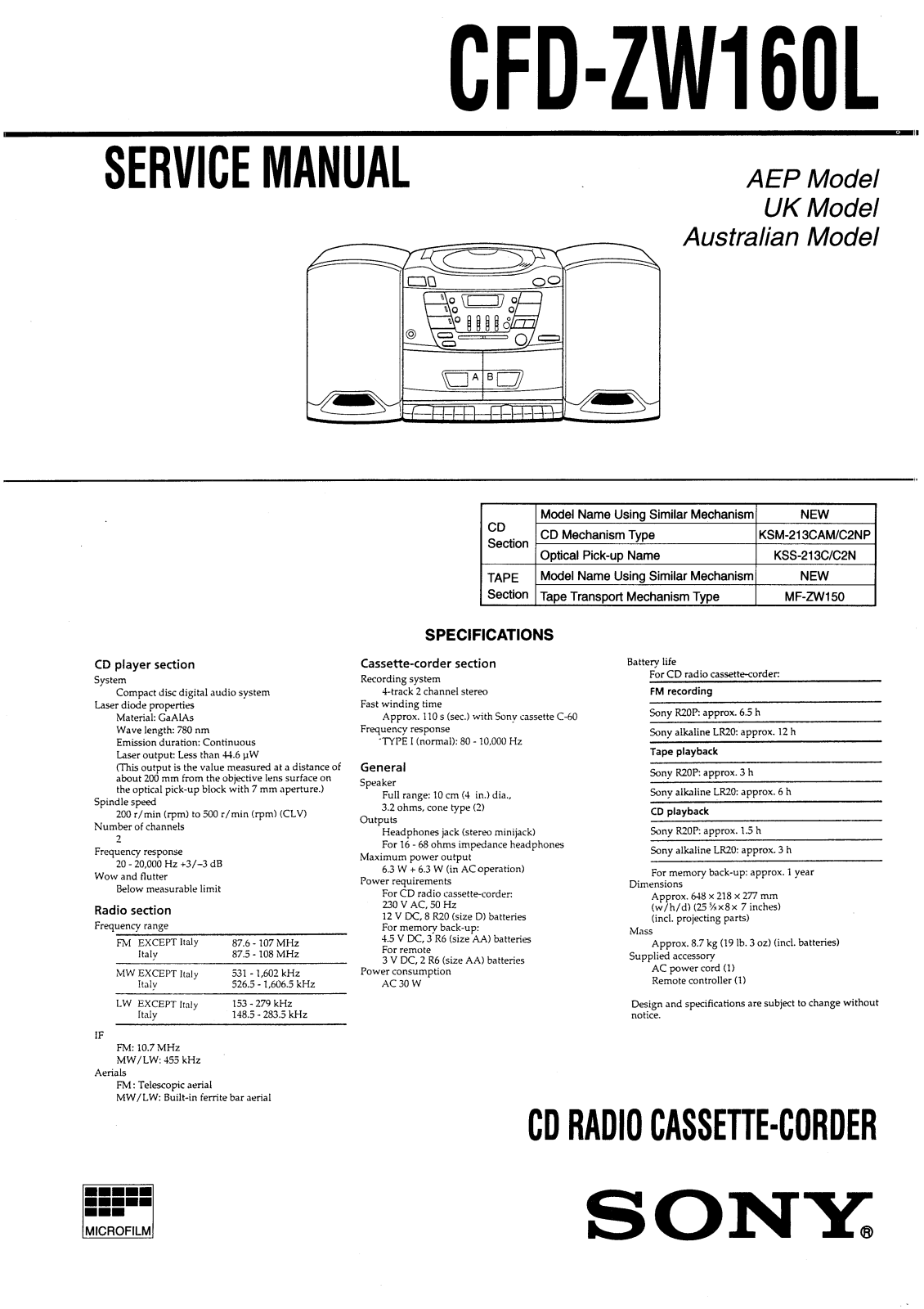 SONY CFD ZW160L, CFD ZW750 Service Manual