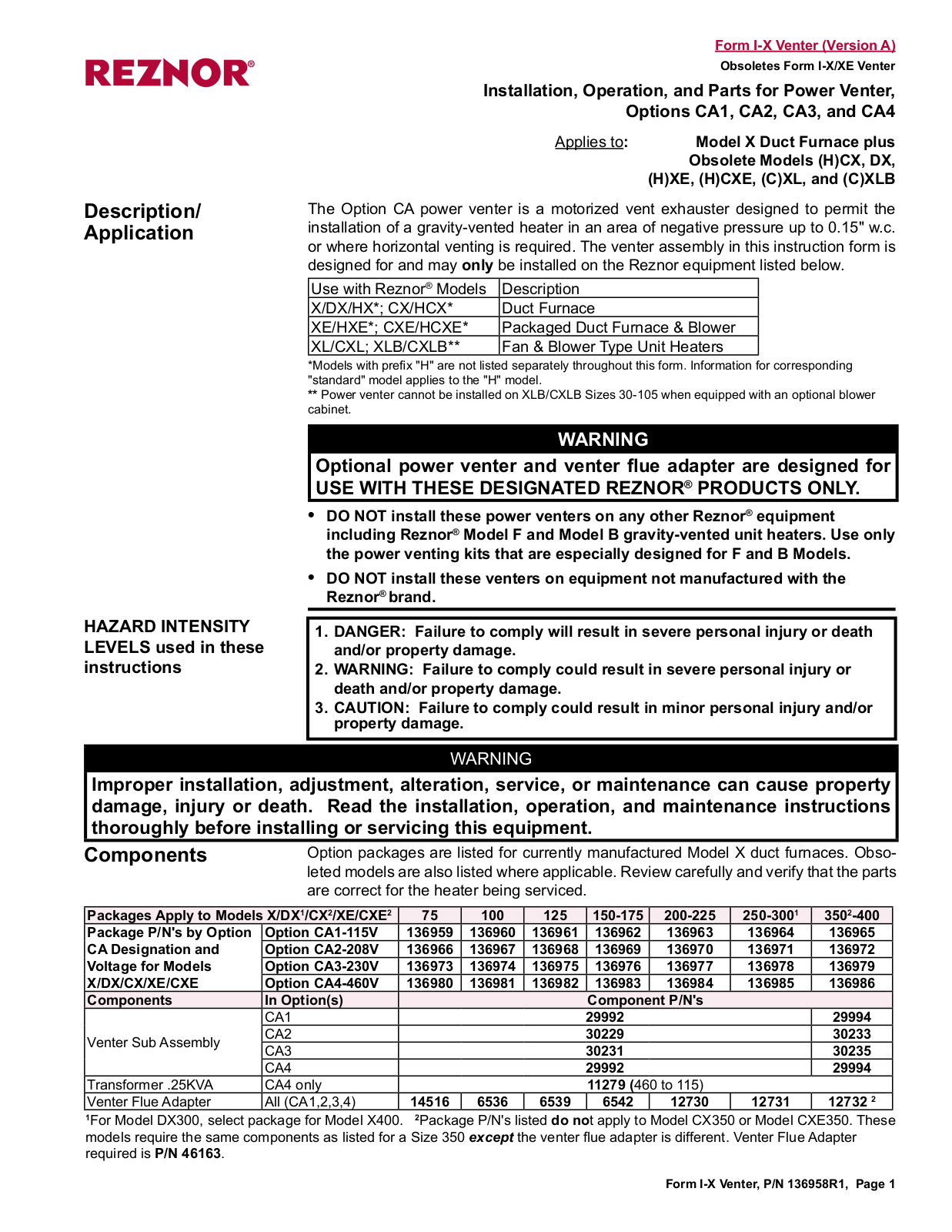 Reznor X Option User Manual