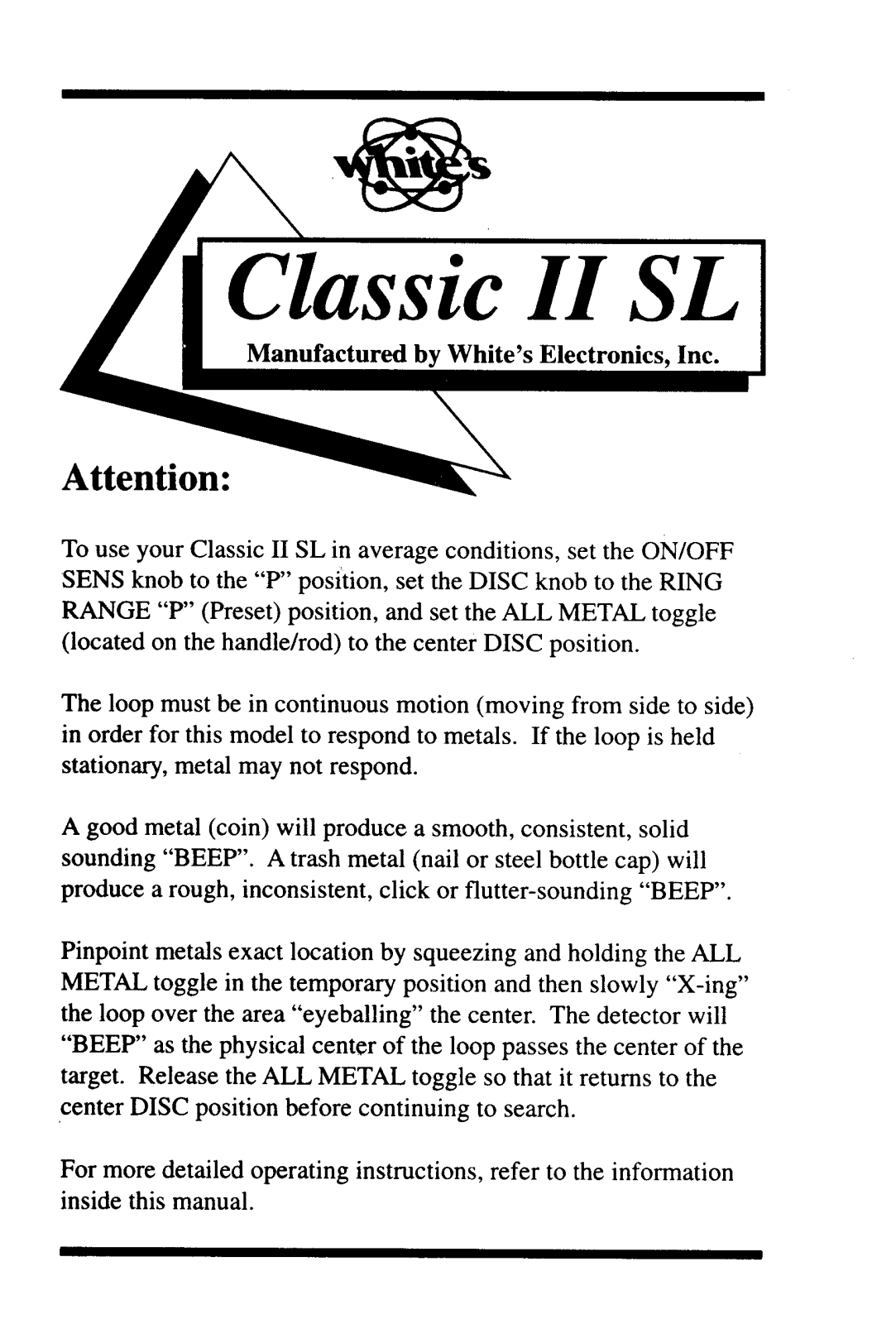 Whites Electronics CL 2 SL User Manual