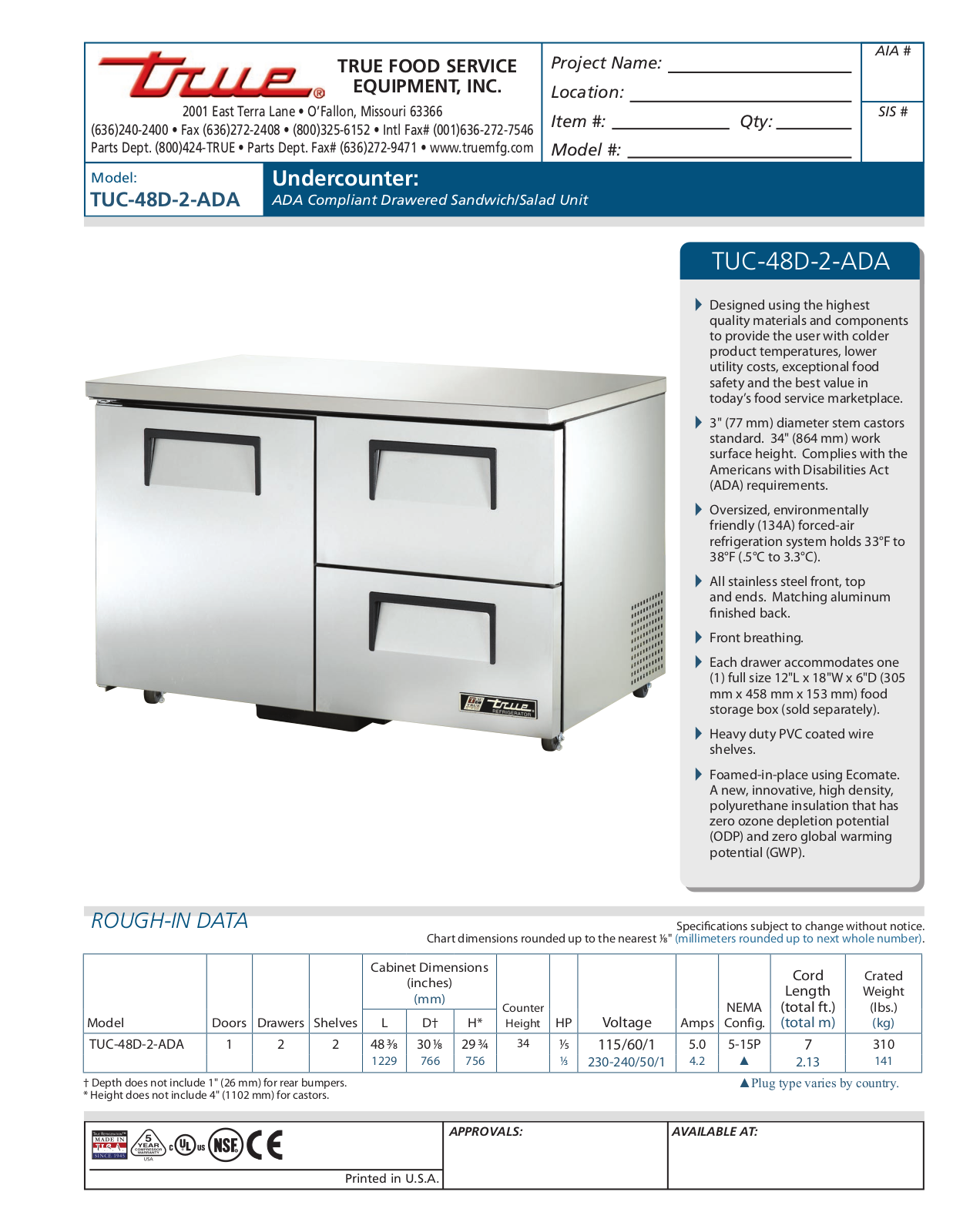 True TUC-48D-2-ADA User Manual