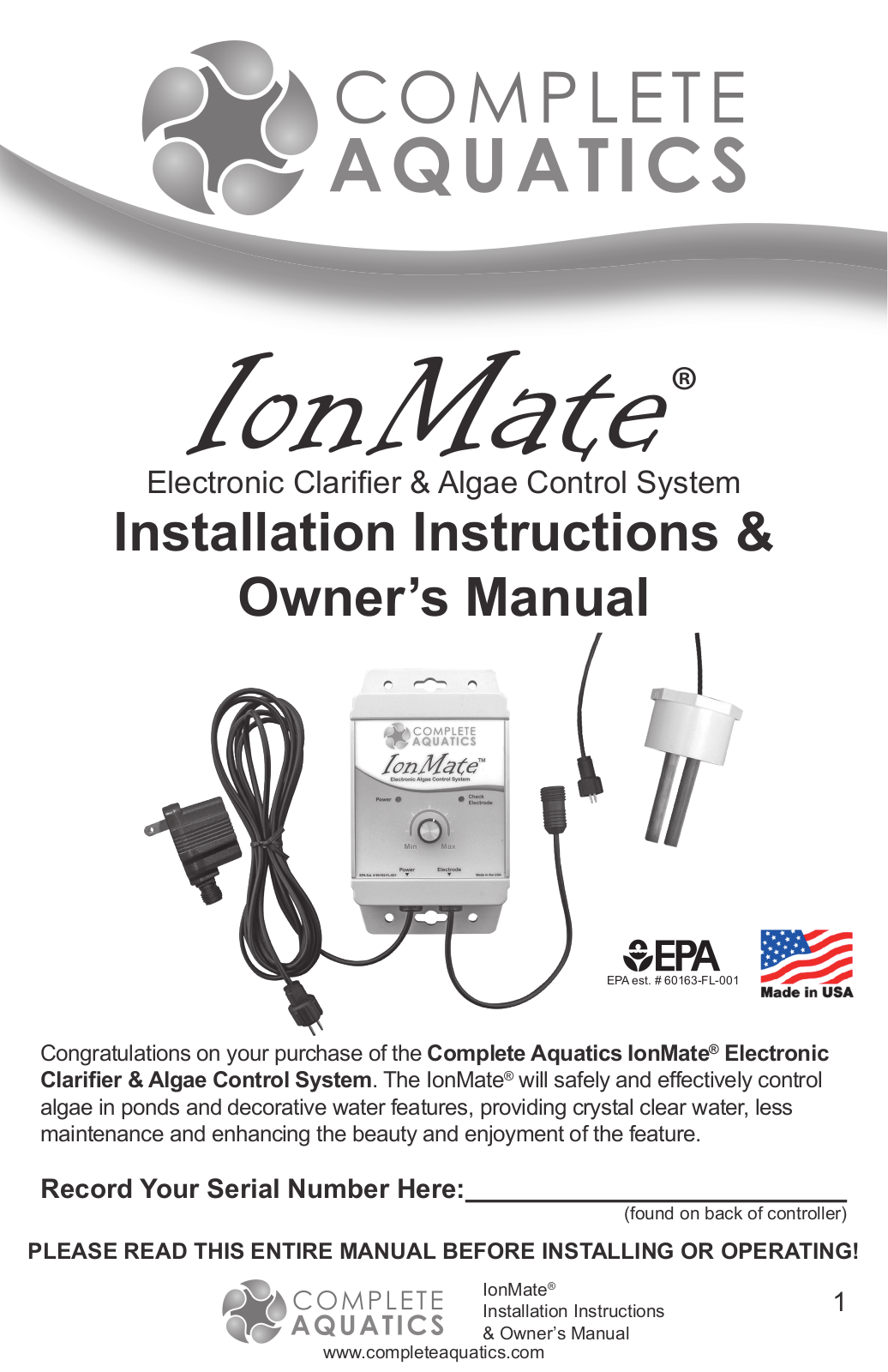 Complete Aquatics Ionmate User Manual