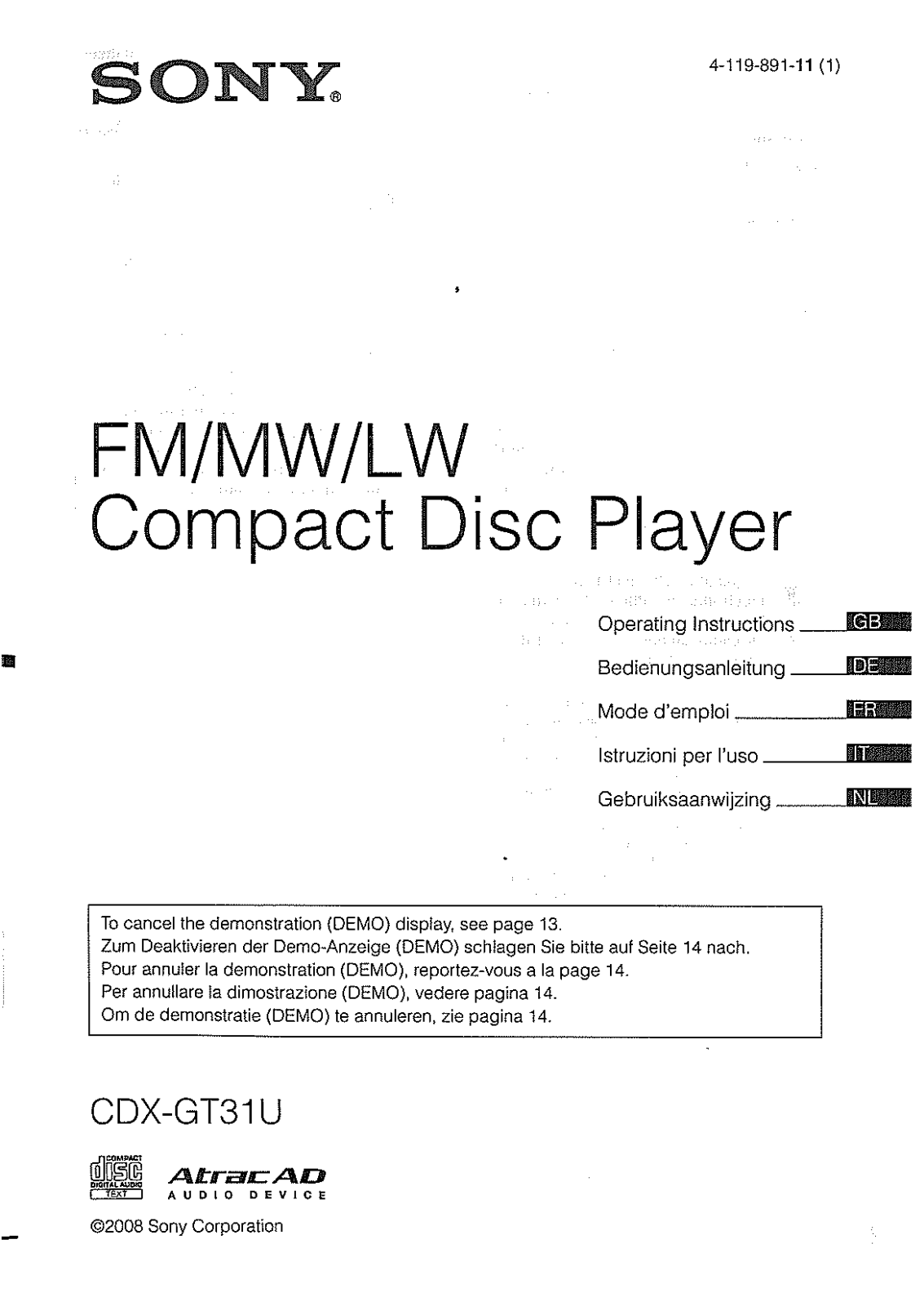 Sony CDX-GT31U Operation Manual