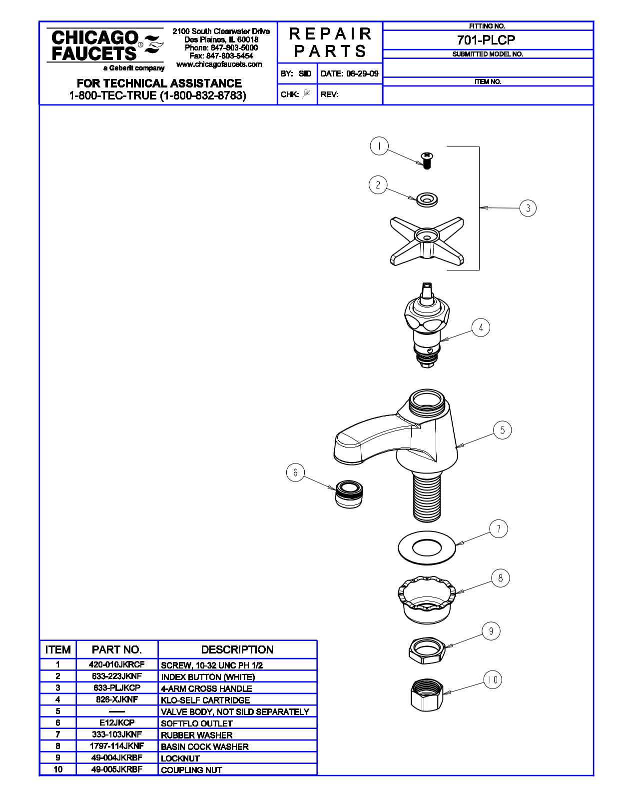 Chicago Faucet 701-PLCP Parts List