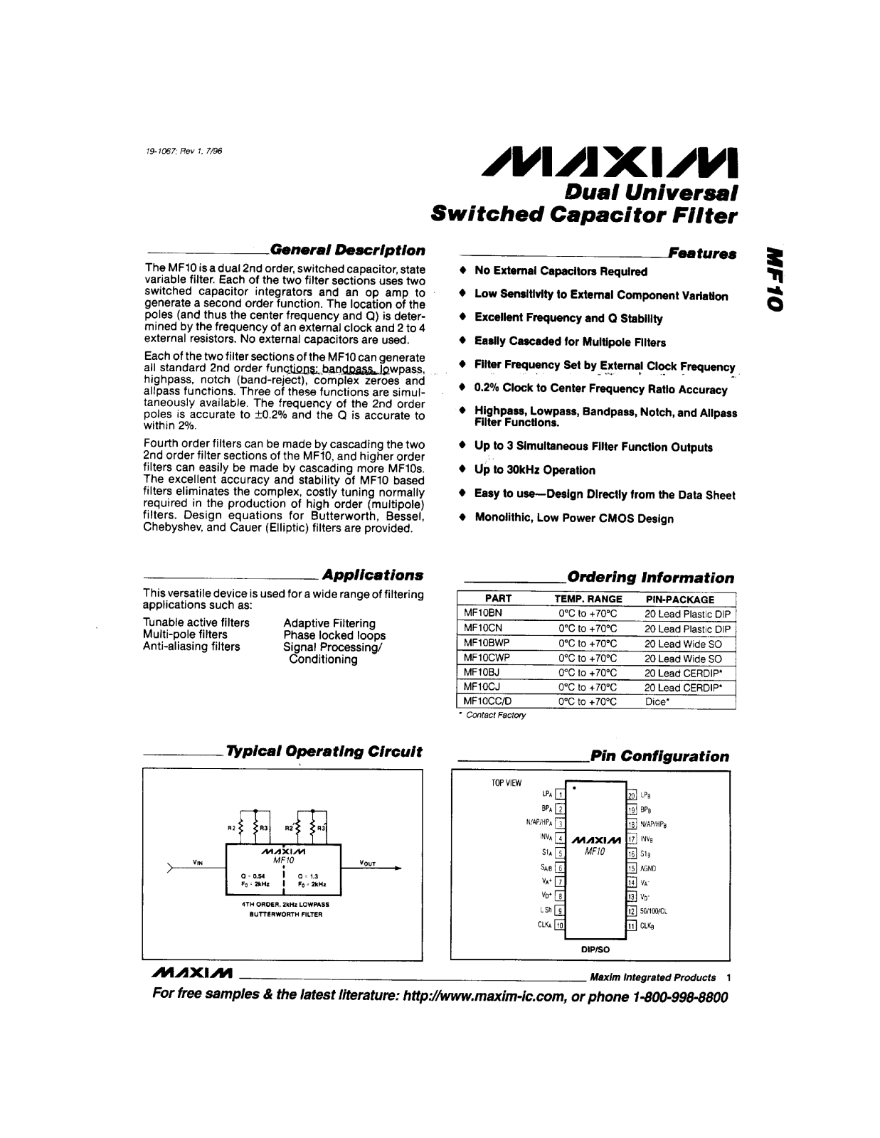 Maxim MF10CWP, MF10CC-D, MF10CJ, MF10CN, MF10BWP Datasheet