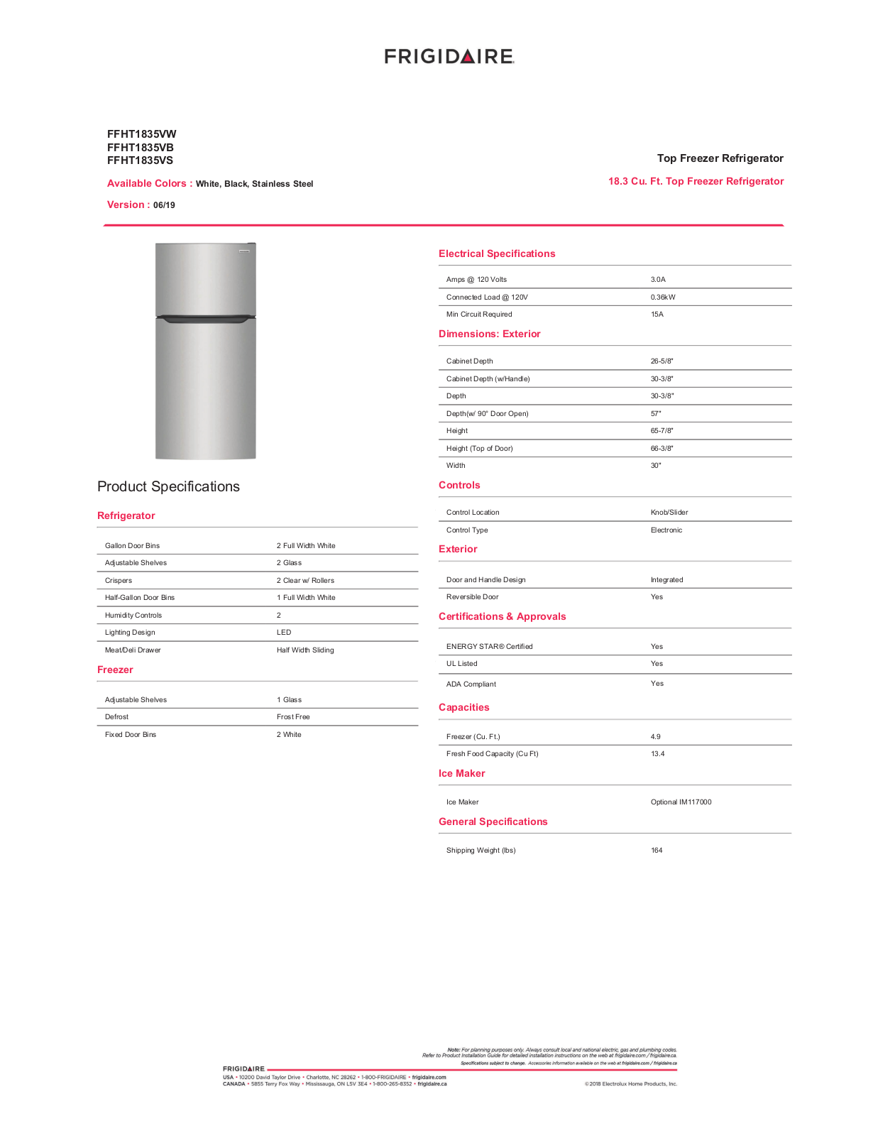 Frigidaire FFHT1835VS, FFHT1835VW Specifications