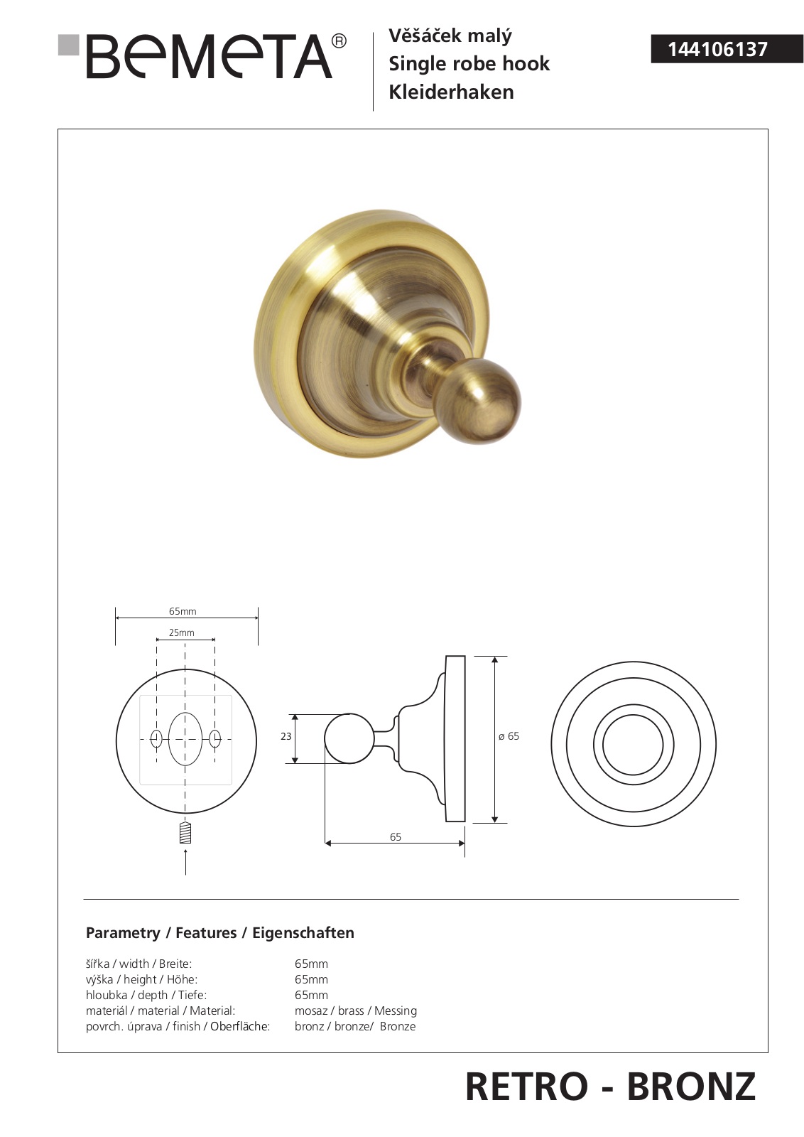 Bemeta RETRO - BRONZ 144106137 User guide