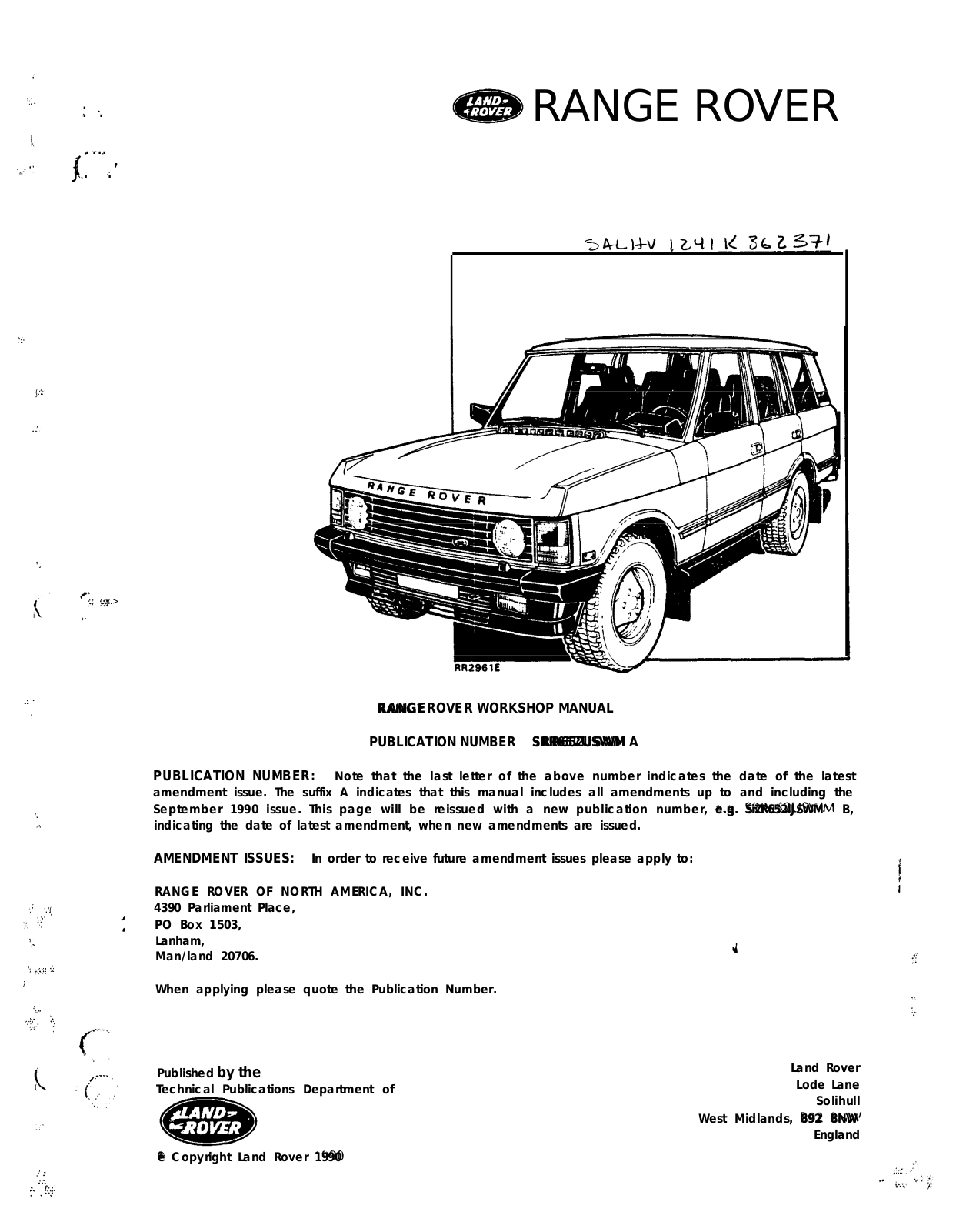 Chevrolet Range Rover Classic 1987 1991, Range Rover 1988 User Manual